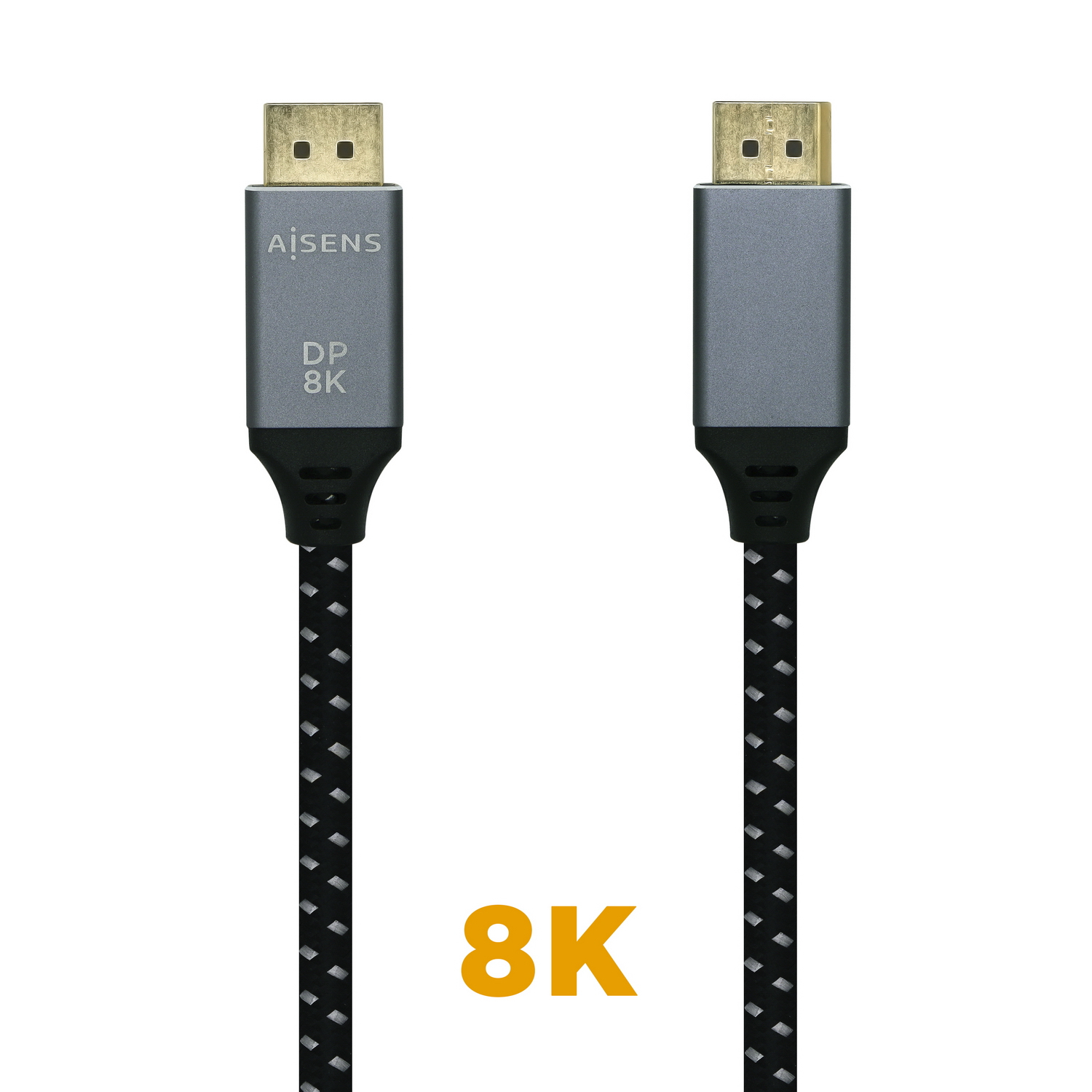 Dos cables de pantalla con conectores dorados y carcasas grises. Cables trenzados negros. El texto '8K' es amarillo en la parte inferior.