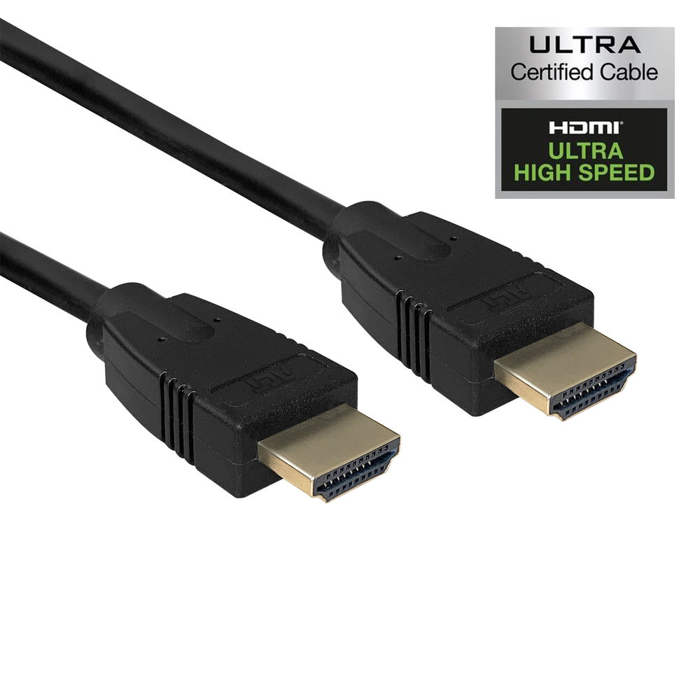 Twee zwarte HDMI-kabels met gouden connectoren. Eén is naar links gekanteld, de andere naar rechts. Een Ultra High Speed-logo op de achtergrond.