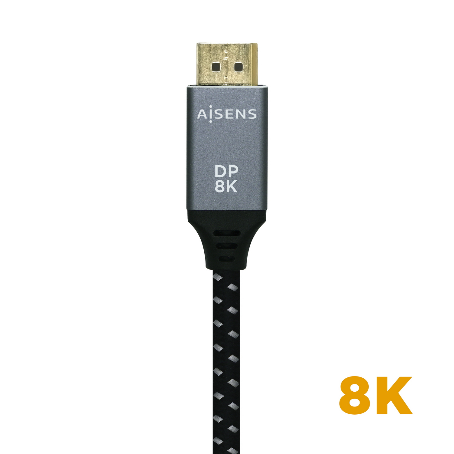 Un cable DisplayPort 8K con un conector gris y un cable trenzado en blanco y negro. El texto 'AiSens' y 'DP 8K' son visibles.