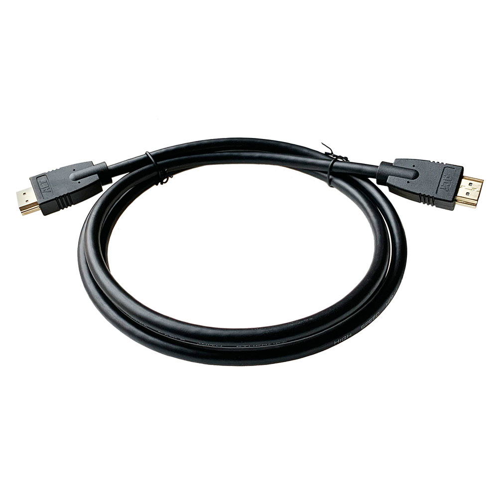 Een zwarte HDMI-kabel. Aan elk uiteinde van de kabel zitten twee connectoren. De kabel is in een cirkel op een witte achtergrond.