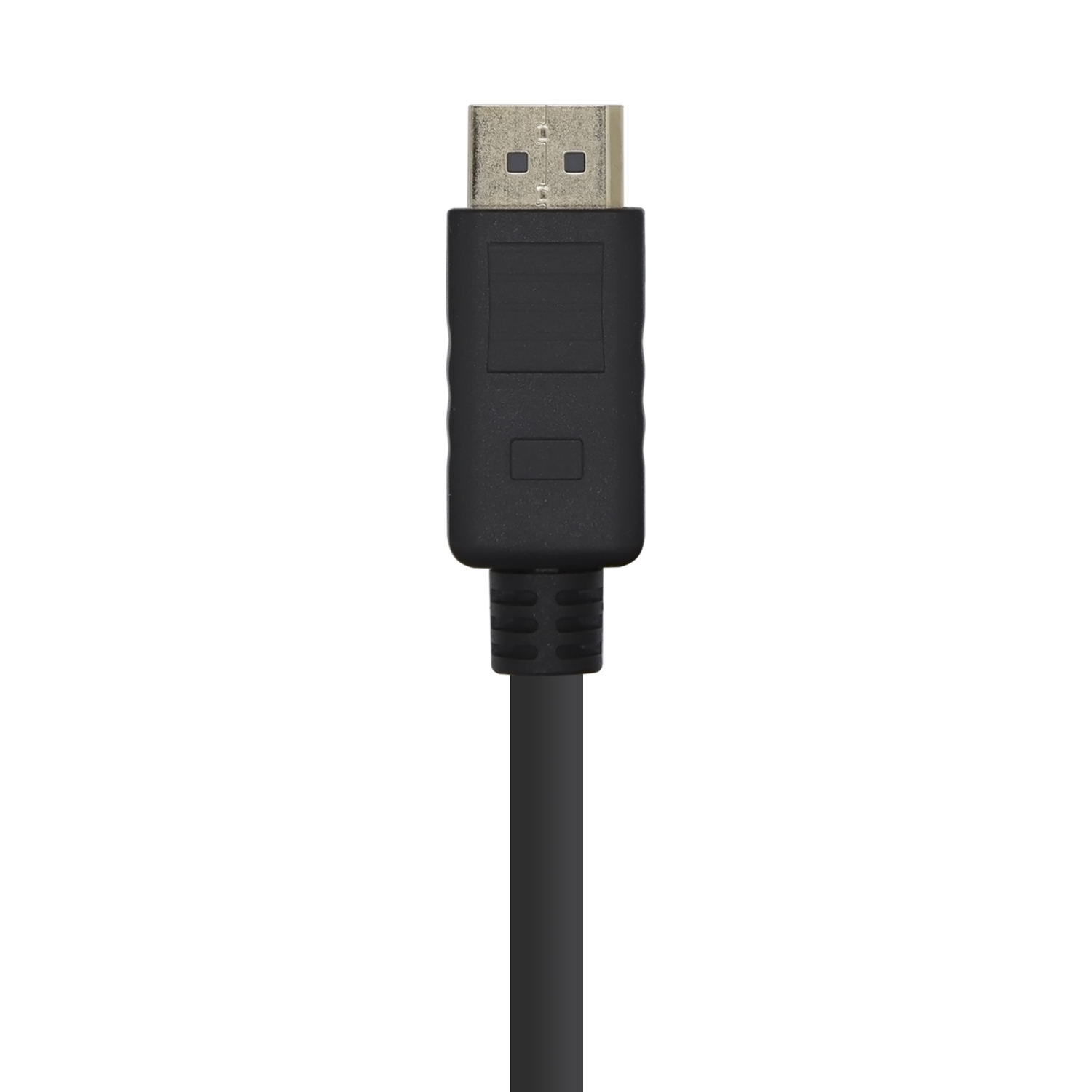 Primer plano de un cable DisplayPort negro con un conector plateado sobre fondo blanco.