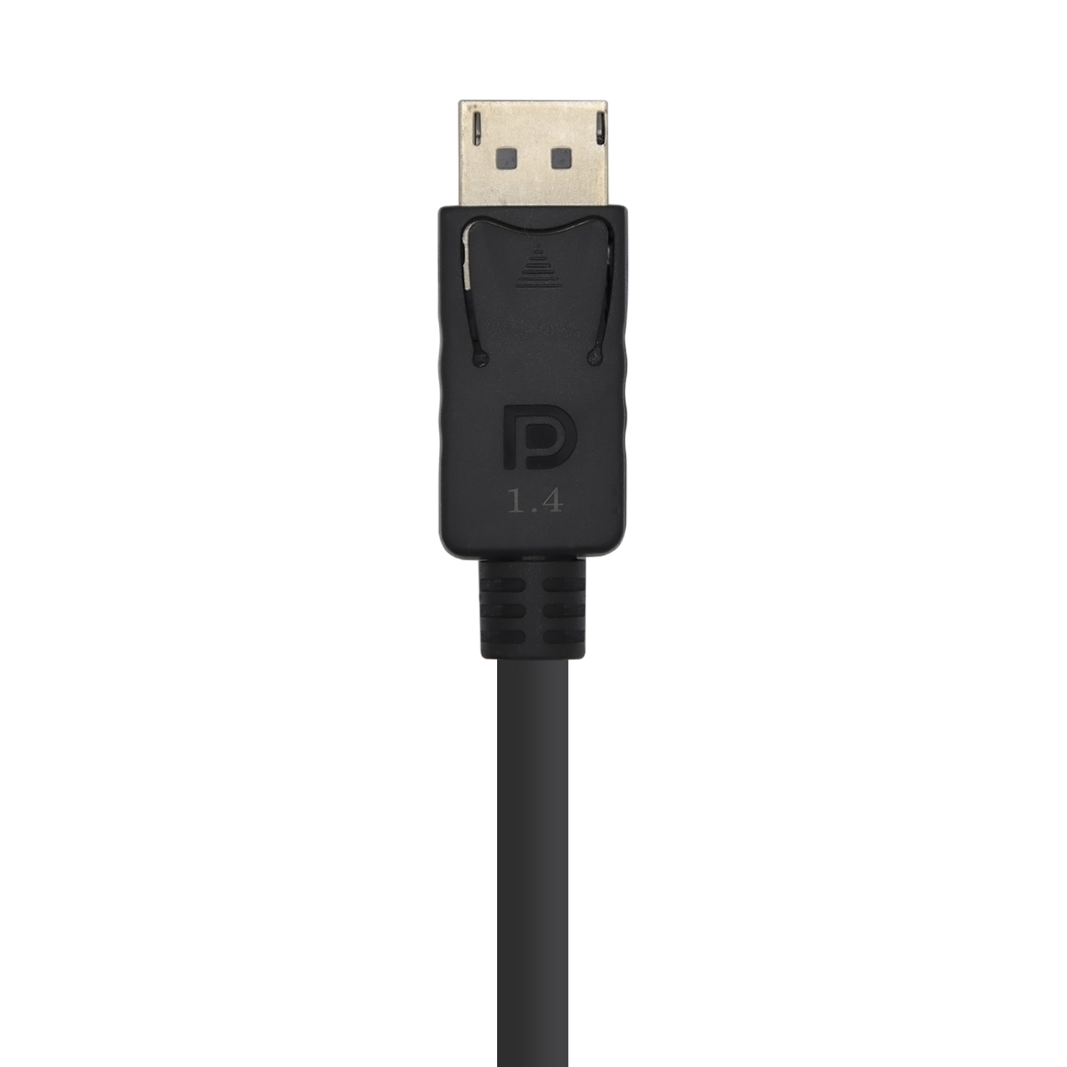 Un cable DisplayPort sobre fondo blanco. El conector es negro con la marca 'P 1.4'. El cable también es negro.