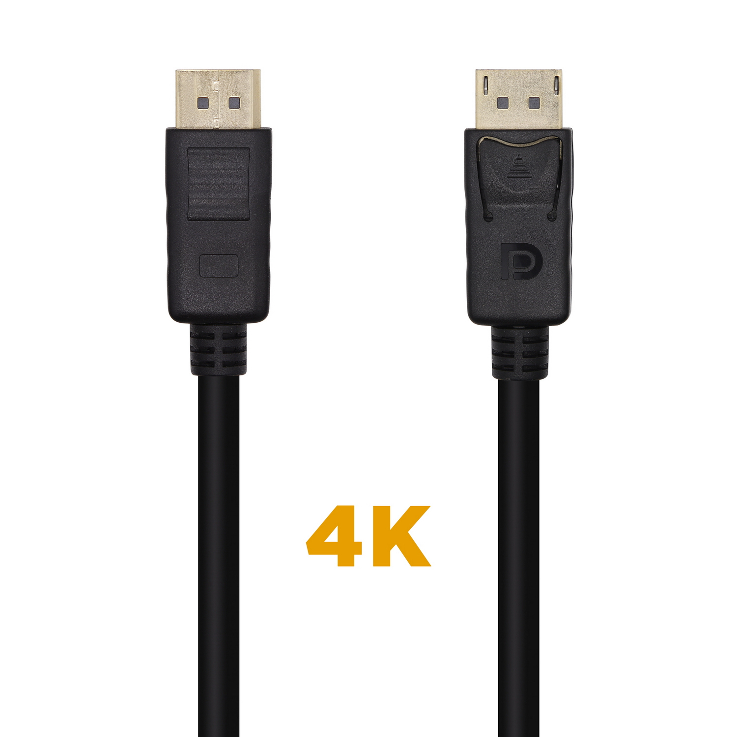 Dos cables DisplayPort negros con conectores dorados. El texto '4K' es amarillo entre ellos, sobre un fondo blanco.