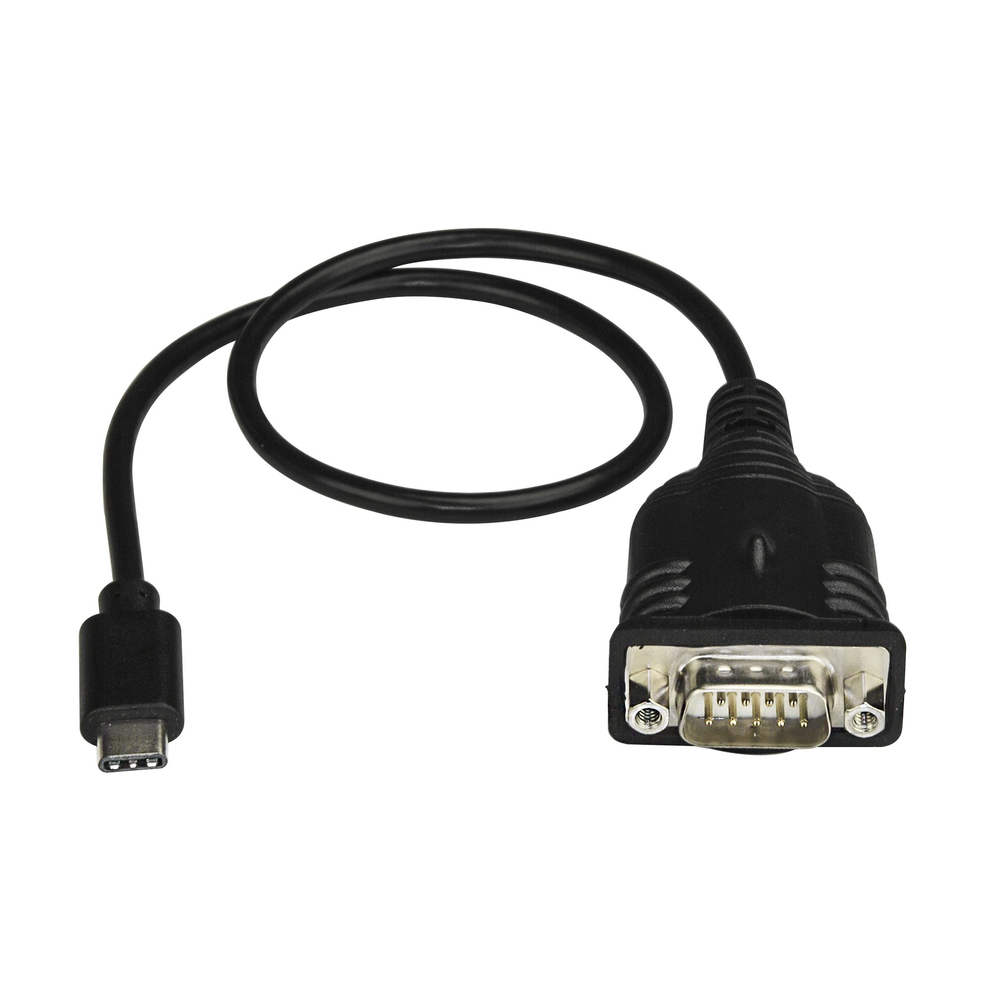 Ein schwarzes Adapterkabel mit einem USB-C-Anschluss an einem Ende und einem DB9-Anschluss am anderen Ende, vor weißem Hintergrund.