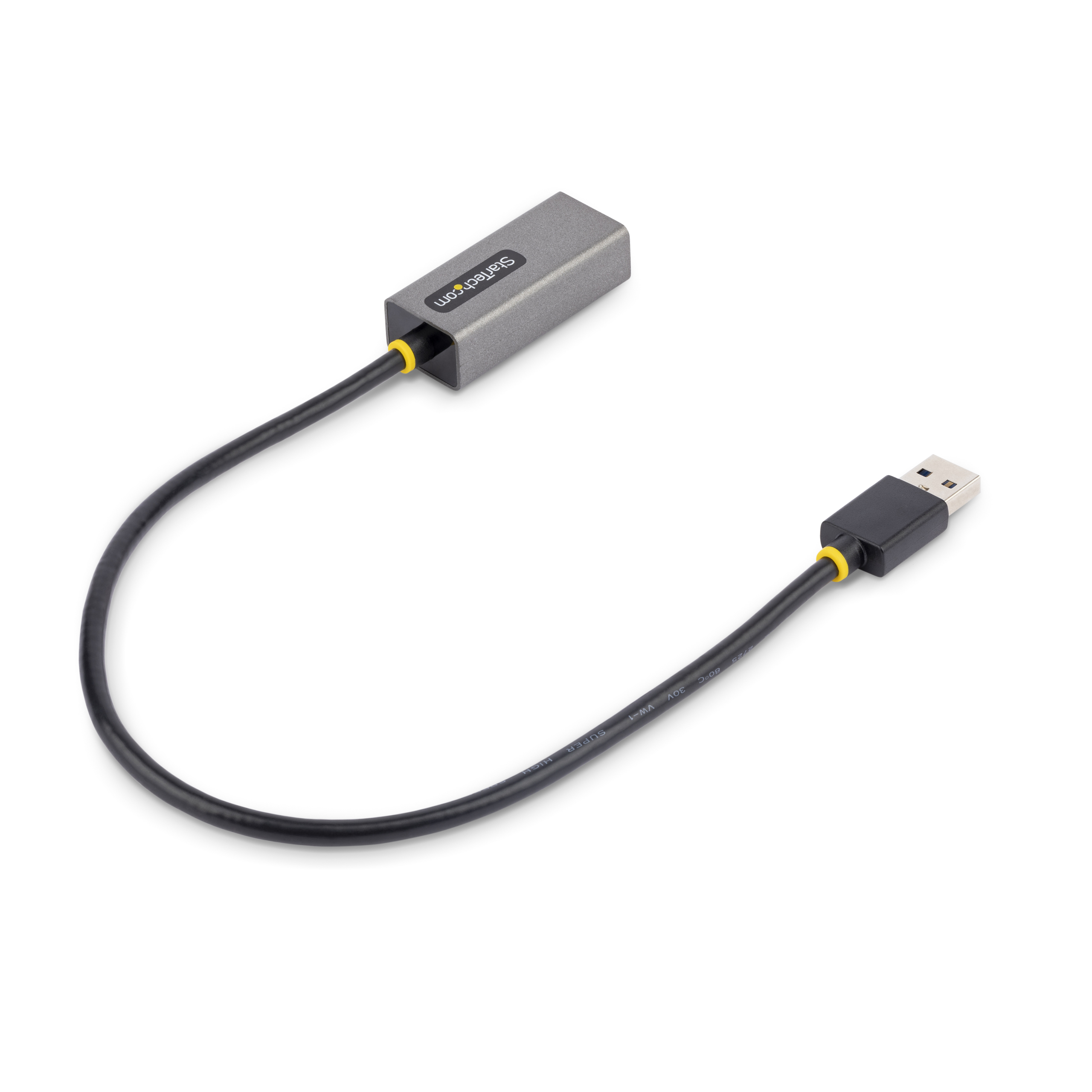 Adaptador USB StarTech gris con cable negro y conector USB, sobre fondo blanco.