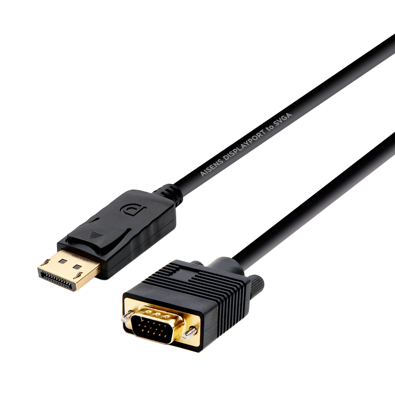 Cavo nero DisplayPort a VGA. Connettore DisplayPort a sinistra, VGA a destra. Il cavo ha il testo: 'AISENS DISPLAYPORT to SVGA'.
