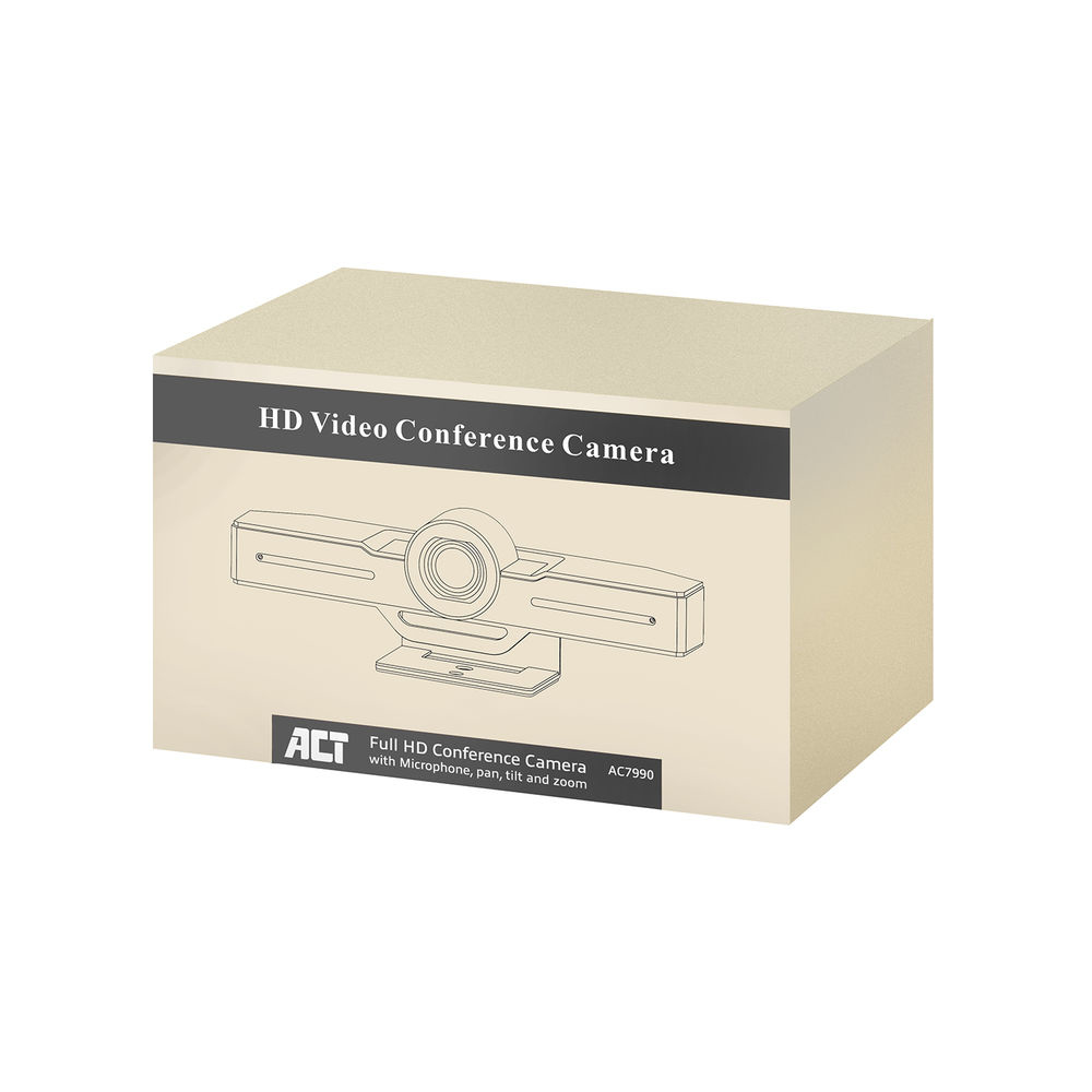 Eine beige Box mit einer Zeichnung einer Videokonferenzkamera. Text lautet 'HD Video Conference Camera' und 'Full HD Conference Camera'.