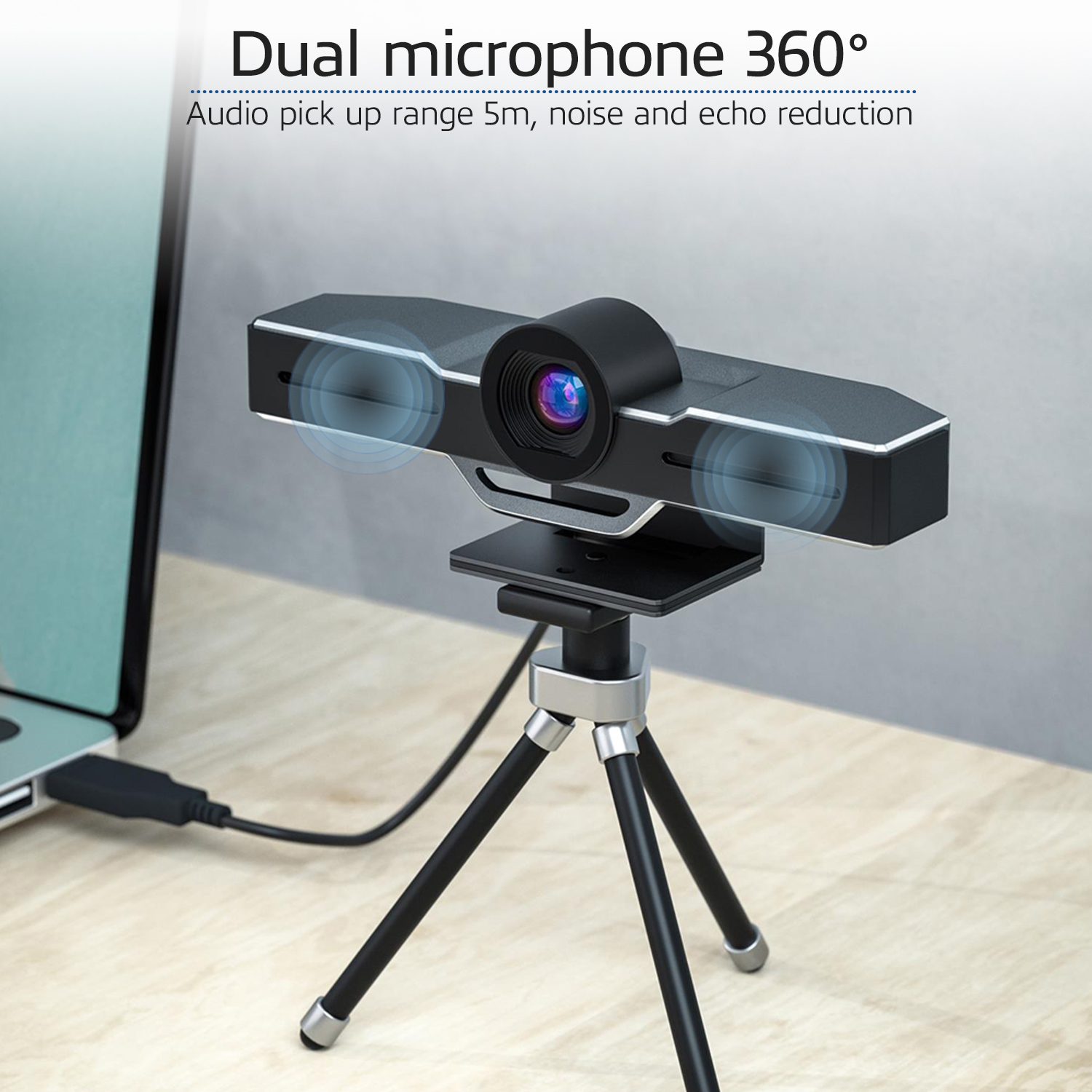 Webcam auf einem Stativ, verbunden mit einem Laptop. Sie hat zwei Mikrofone. Text: Duales Mikrofon 360°, Rauschunterdrückung.
