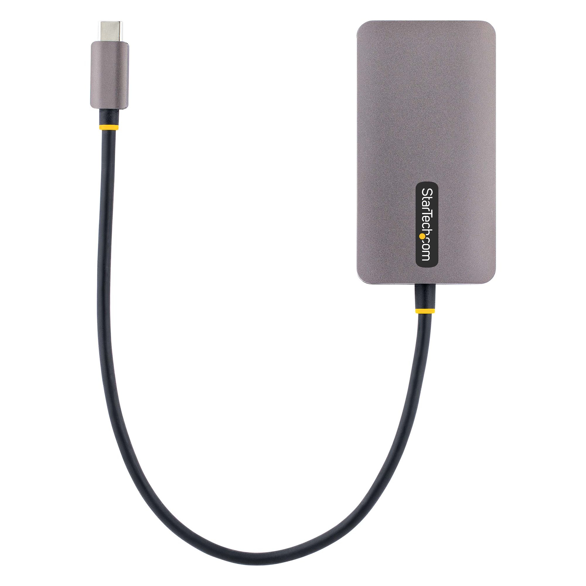 Un adaptador gris StarTech con conector USB-C y cable negro con detalles amarillos.