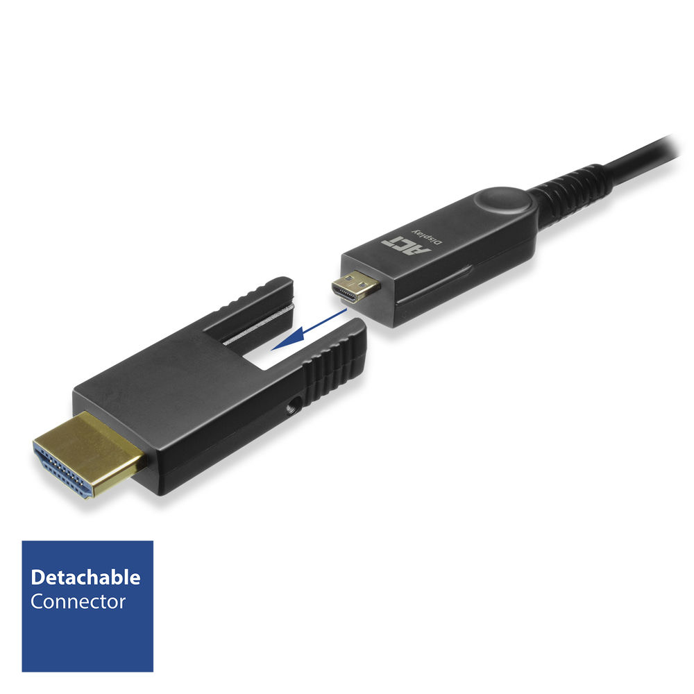 Een zwarte HDMI-kabel met een afneembare connector. De connector wordt ingevoegd met een pijl. De achtergrond is wit.