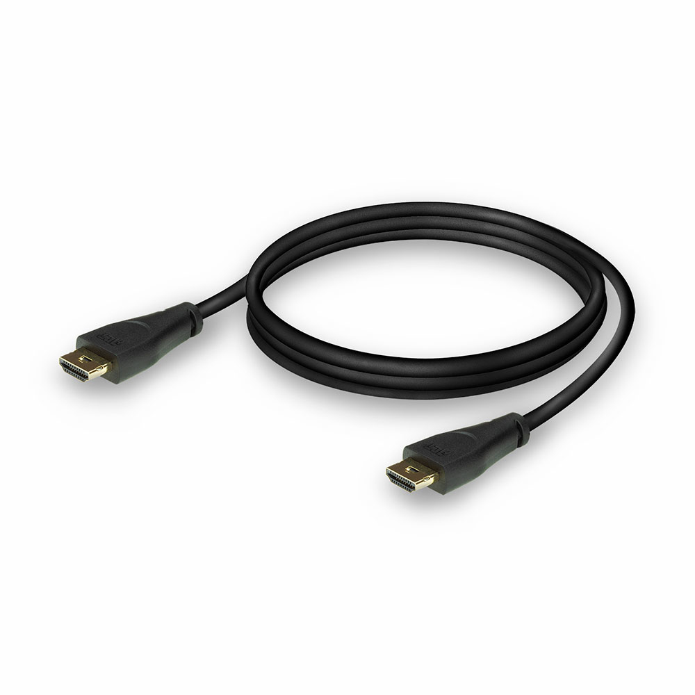 A black HDMI cable on a white surface. The cable curves in a loop. Connectors on each end have gold pins.
