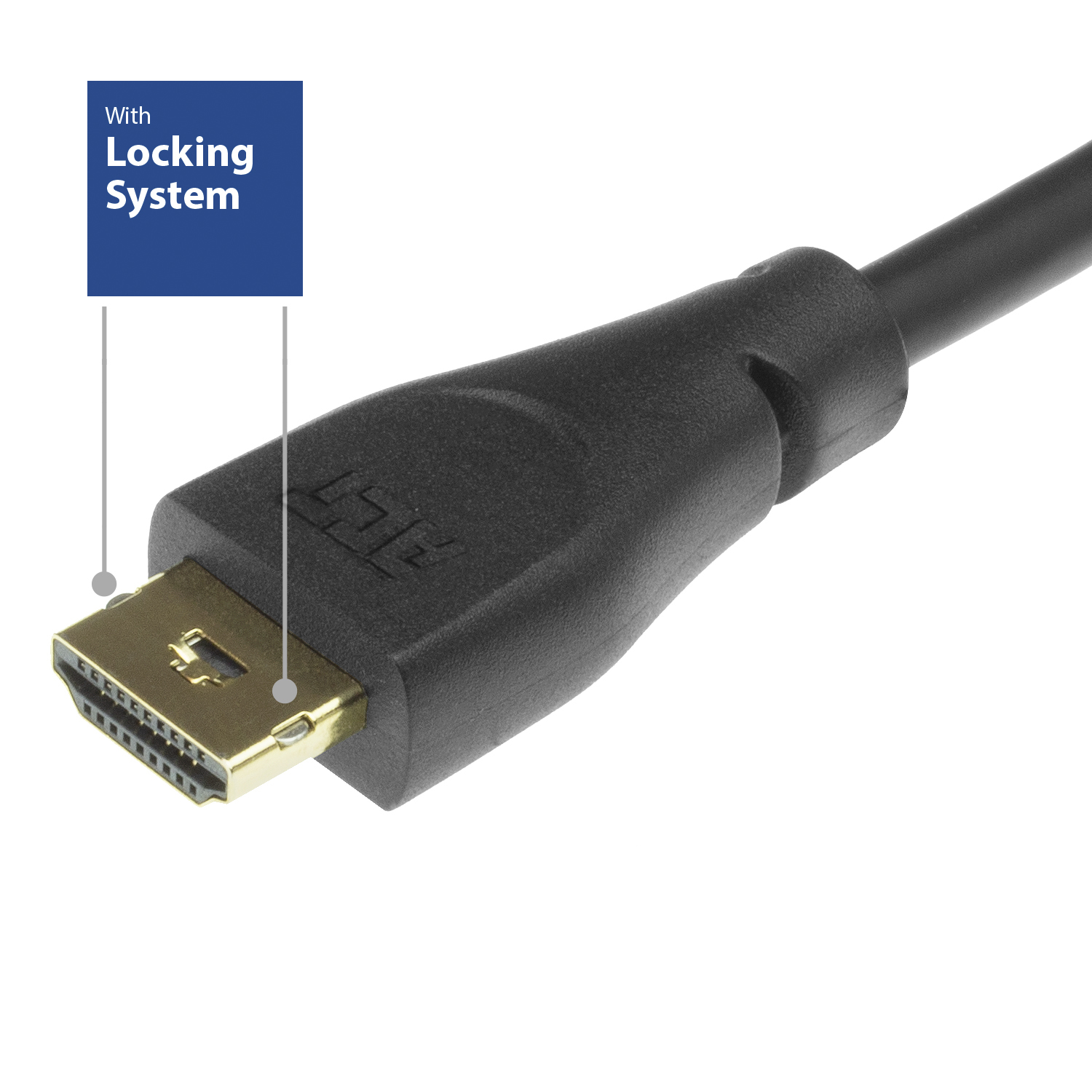 A close-up of a black HDMI cable connector with a gold-colored port. A blue label with white text 'Locking System' is on the left.