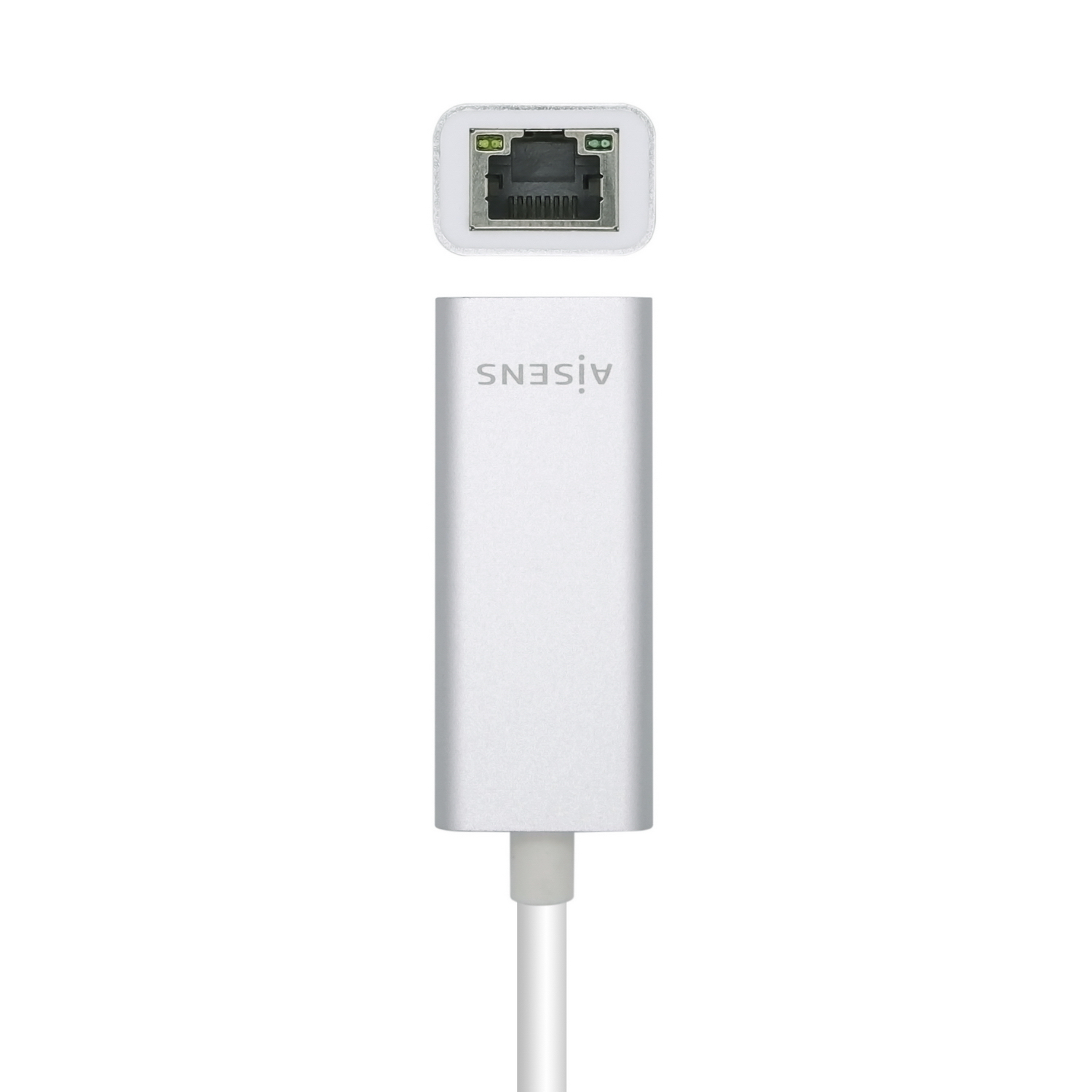 Un adaptador Ethernet plateado con cable blanco, el adaptador tiene la marca 'AISENS'.