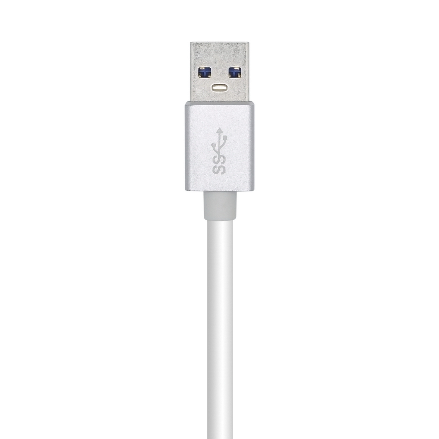 Un cable USB blanco con un conector plateado. El extremo USB es visible y el cable se extiende hacia abajo sobre un fondo blanco.