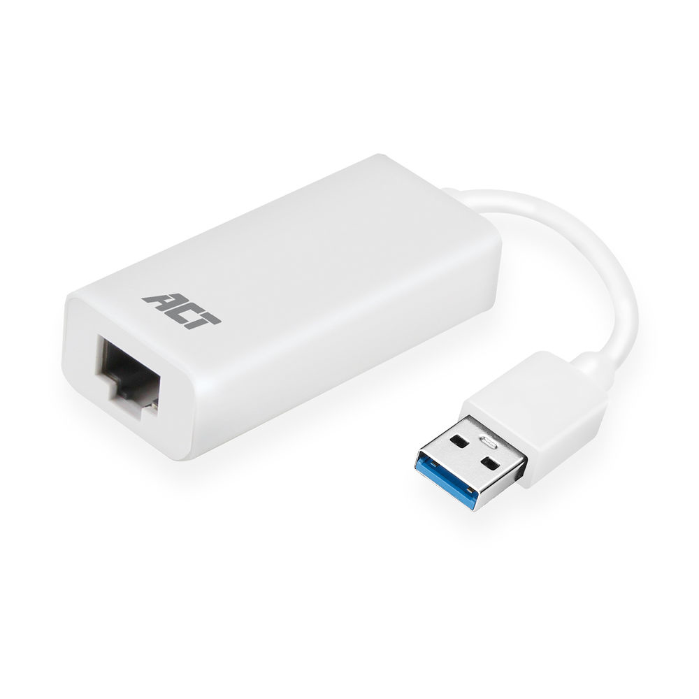 Weißer USB-zu-Ethernet-Adapter. Er hat einen USB-Anschluss, einen Netzwerkanschluss und ein weißes Kabel, das sie verbindet. Die Marke 'ACT' ist sichtbar.