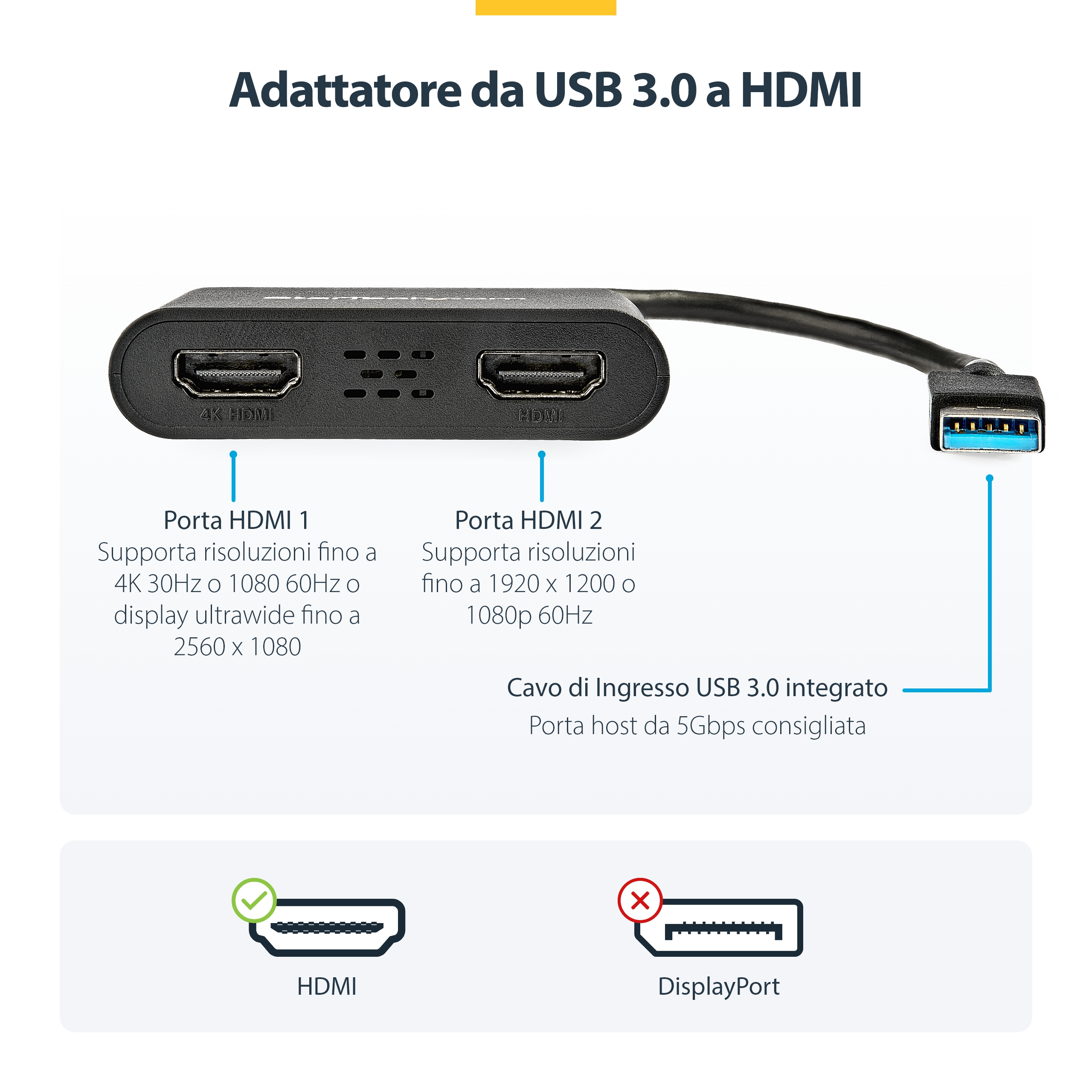 Un adaptador con puertos HDMI y una entrada USB 3.0. El texto describe la compatibilidad con la resolución y los tipos de conexión.