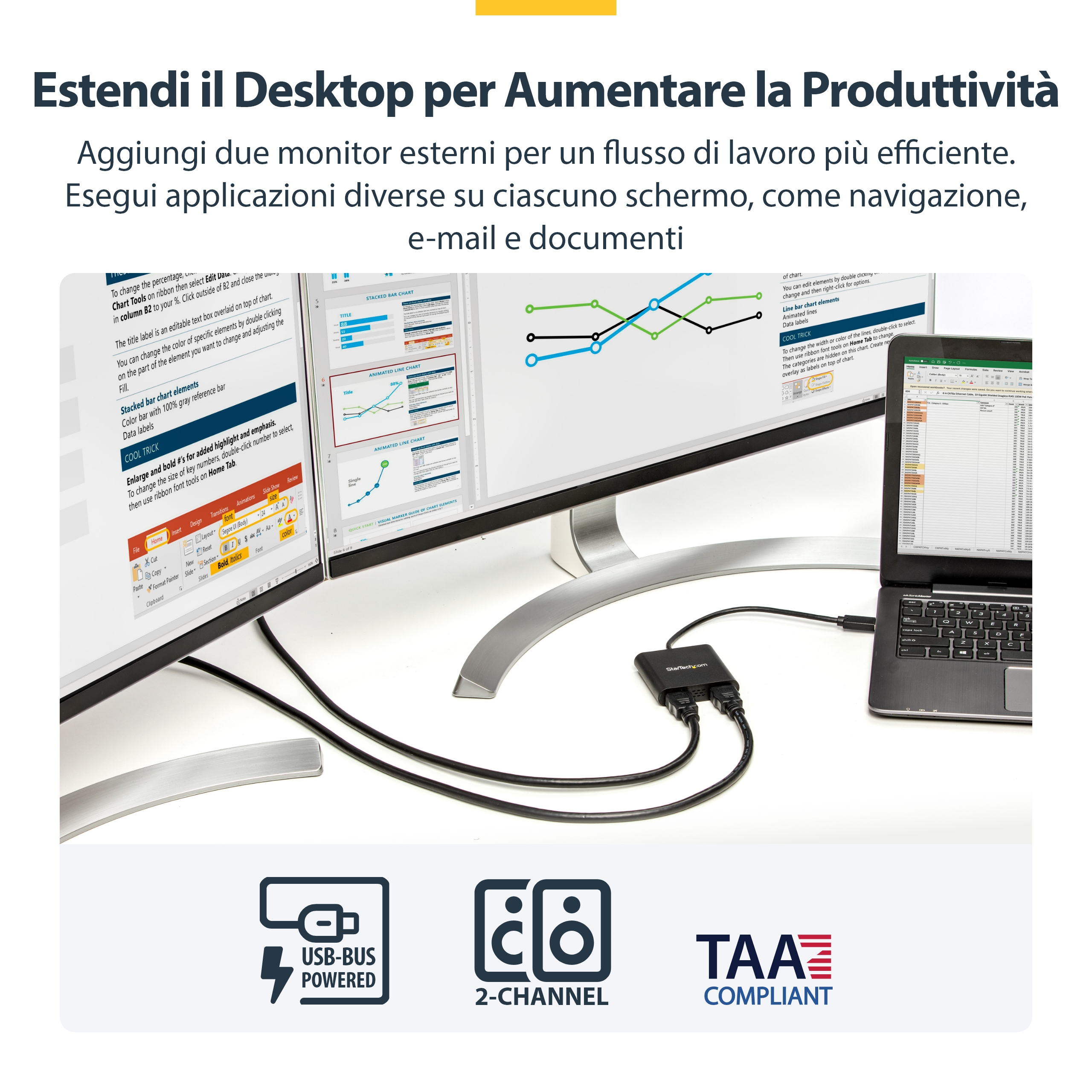 Dos monitores conectados a una laptop muestran gráficos y hojas de cálculo, con un concentrador USB en la parte inferior.