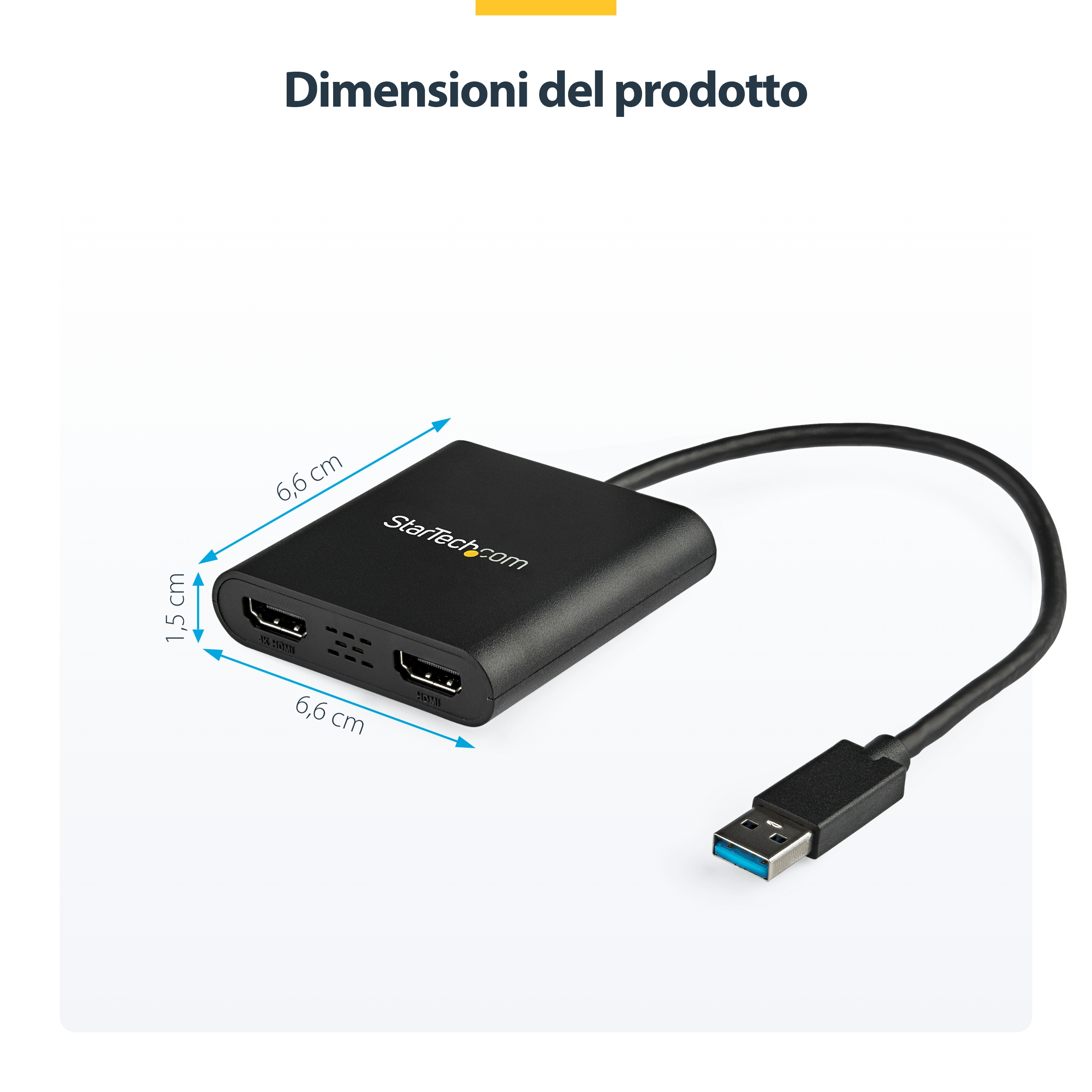 Un adaptador HDMI negro de StarTech con conector USB. Dimensiones etiquetadas. Fondo blanco.