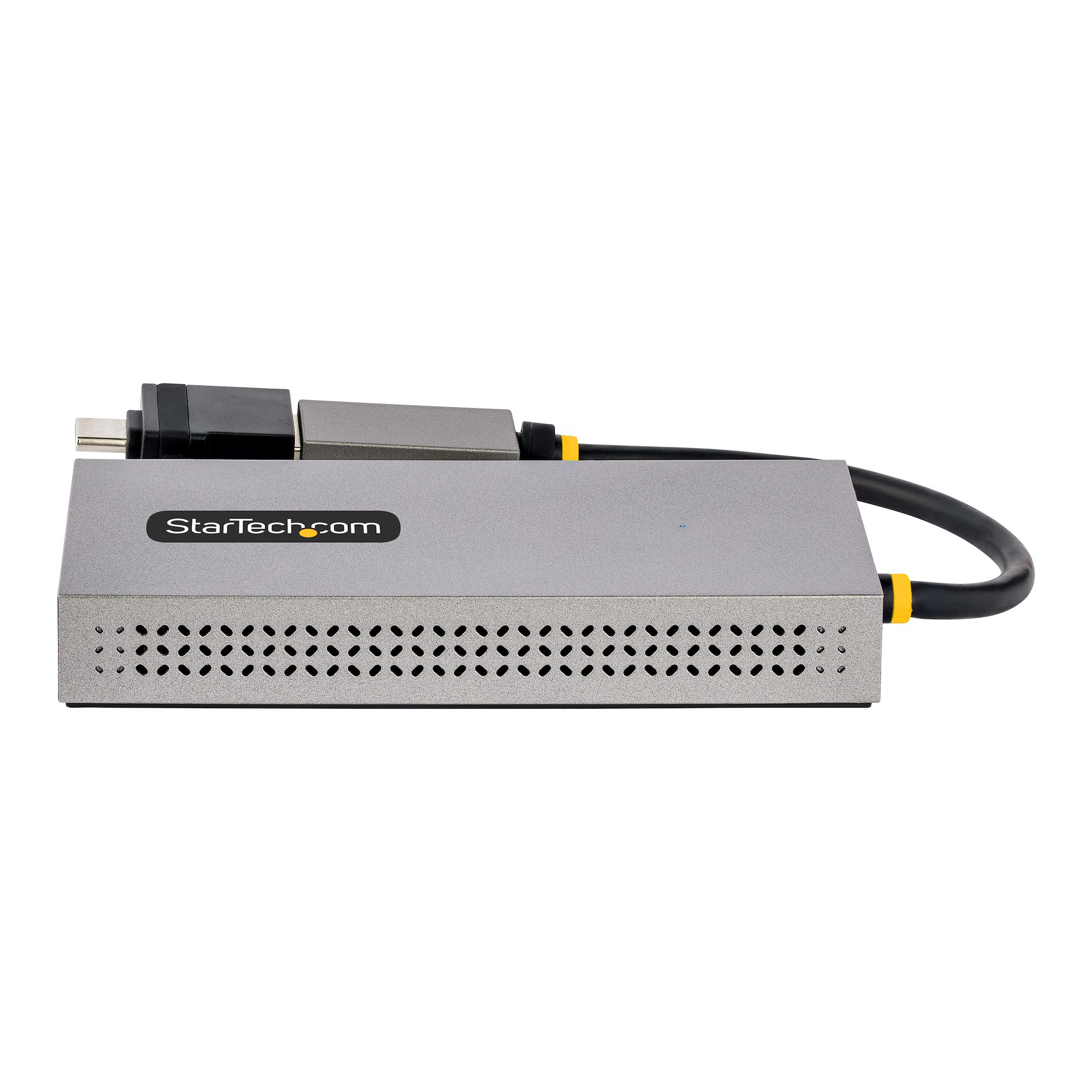 Un dispositivo gris StarTech con múltiples puertos y un cable negro con detalles amarillos, conectores en ambos extremos.