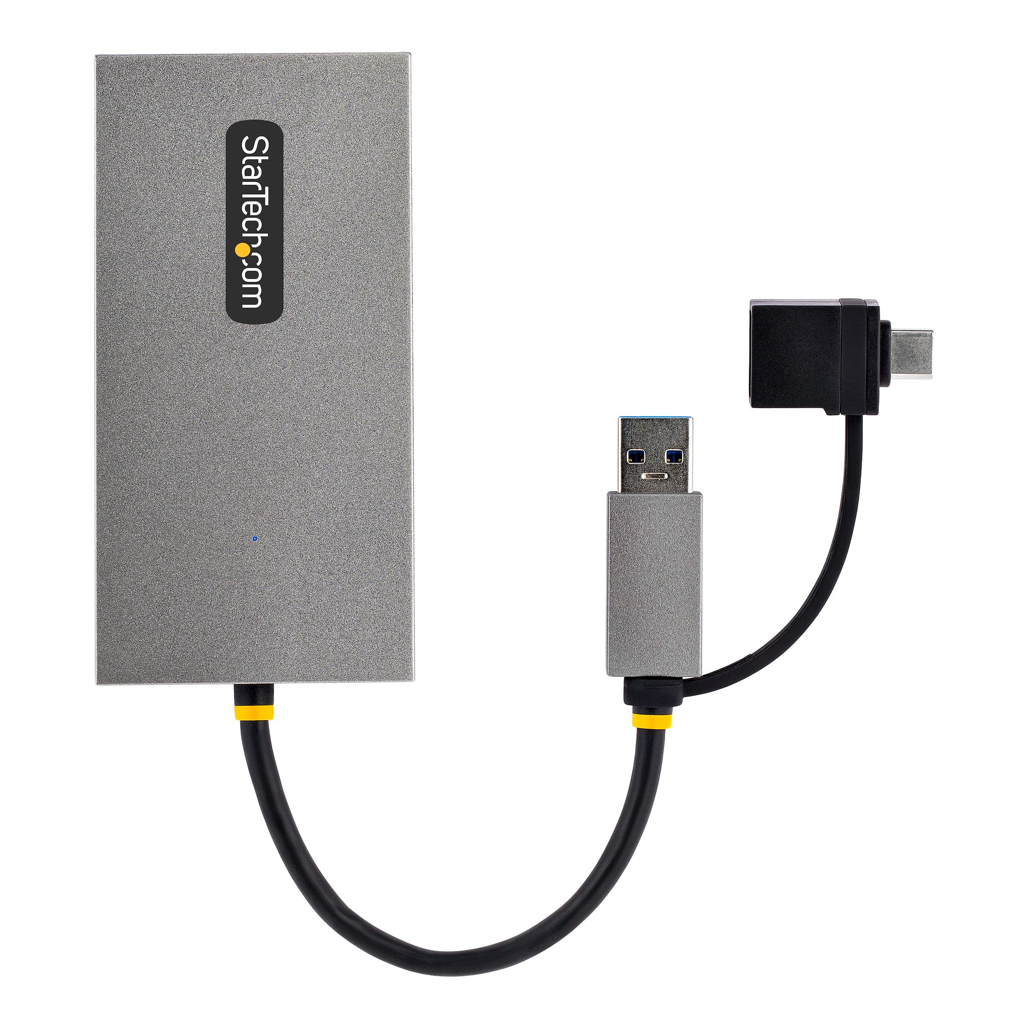 Un disco duro externo gris Startech.com con cables USB y USB-C adjuntos, sobre un fondo blanco.