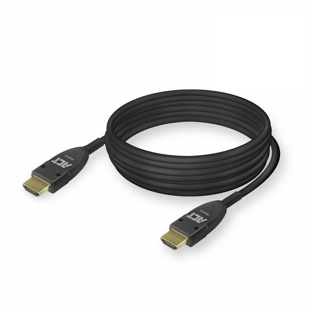 Een zwarte HDMI-kabel opgerold op een wit oppervlak. De kabel heeft gouden connectoren en ACT-branding.