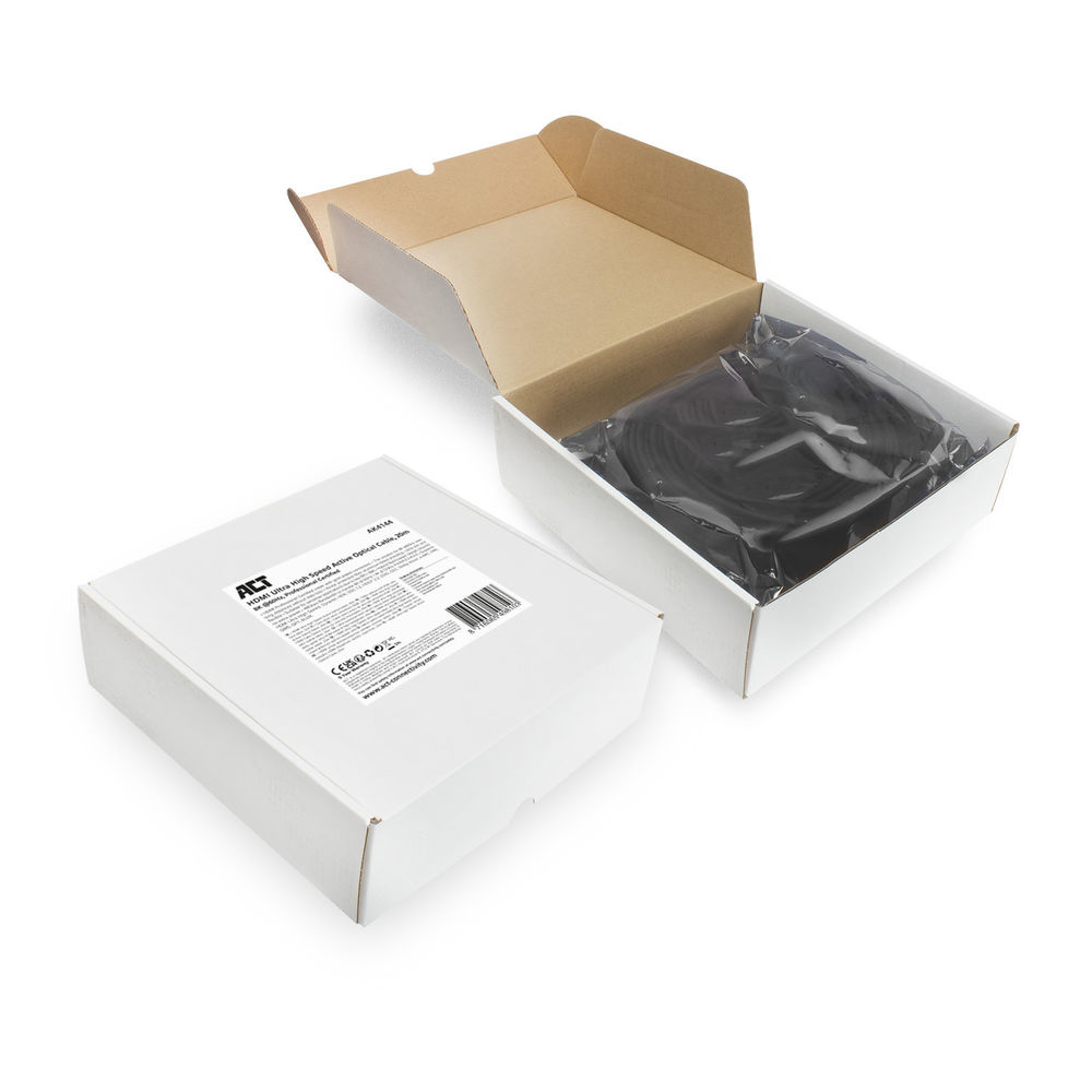 Two white boxes; one open with black cable inside, the other closed with a label. The background is white.