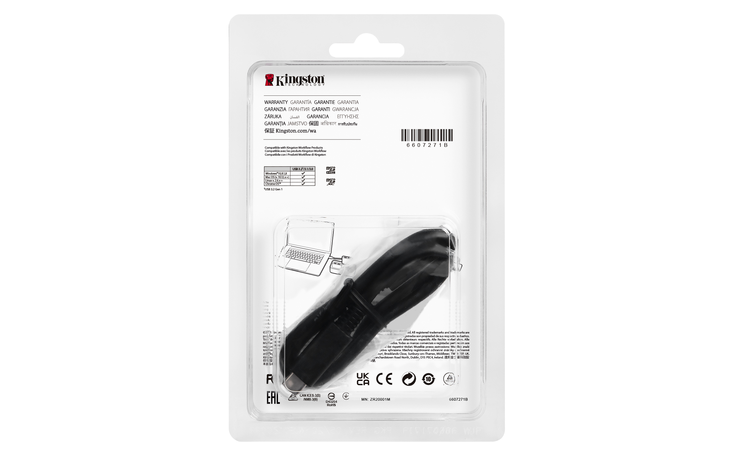 Ein Kingston USB-Kabel in einer transparenten Kunststoffverpackung, mit Produktdetails und einem Kingston-Logo.