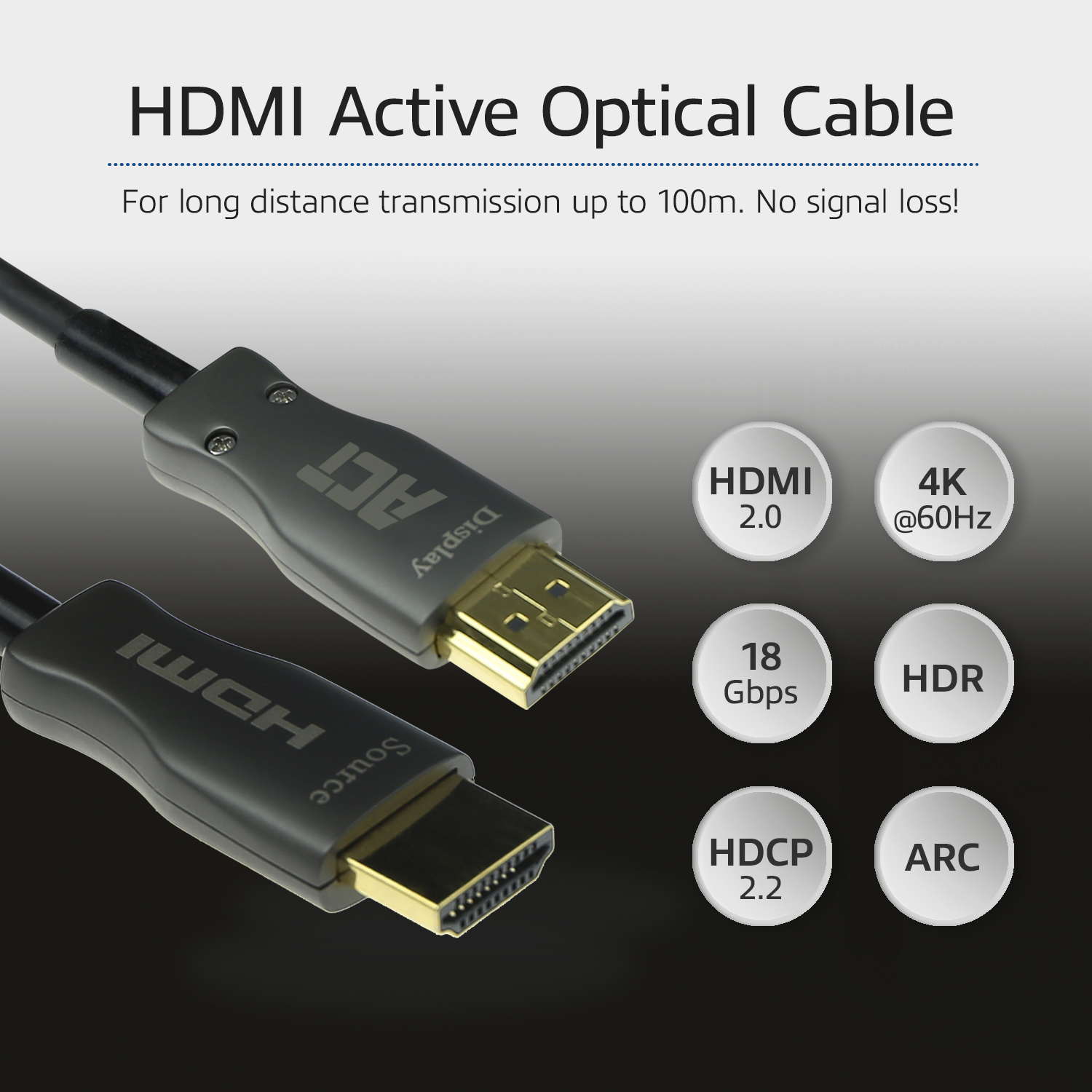 Een actieve optische HDMI-kabel met connectoren en pictogrammen die HDMI 2.0, 4K@60Hz, 18 Gbps, HDR, HDCP 2.2 en ARC aangeven.