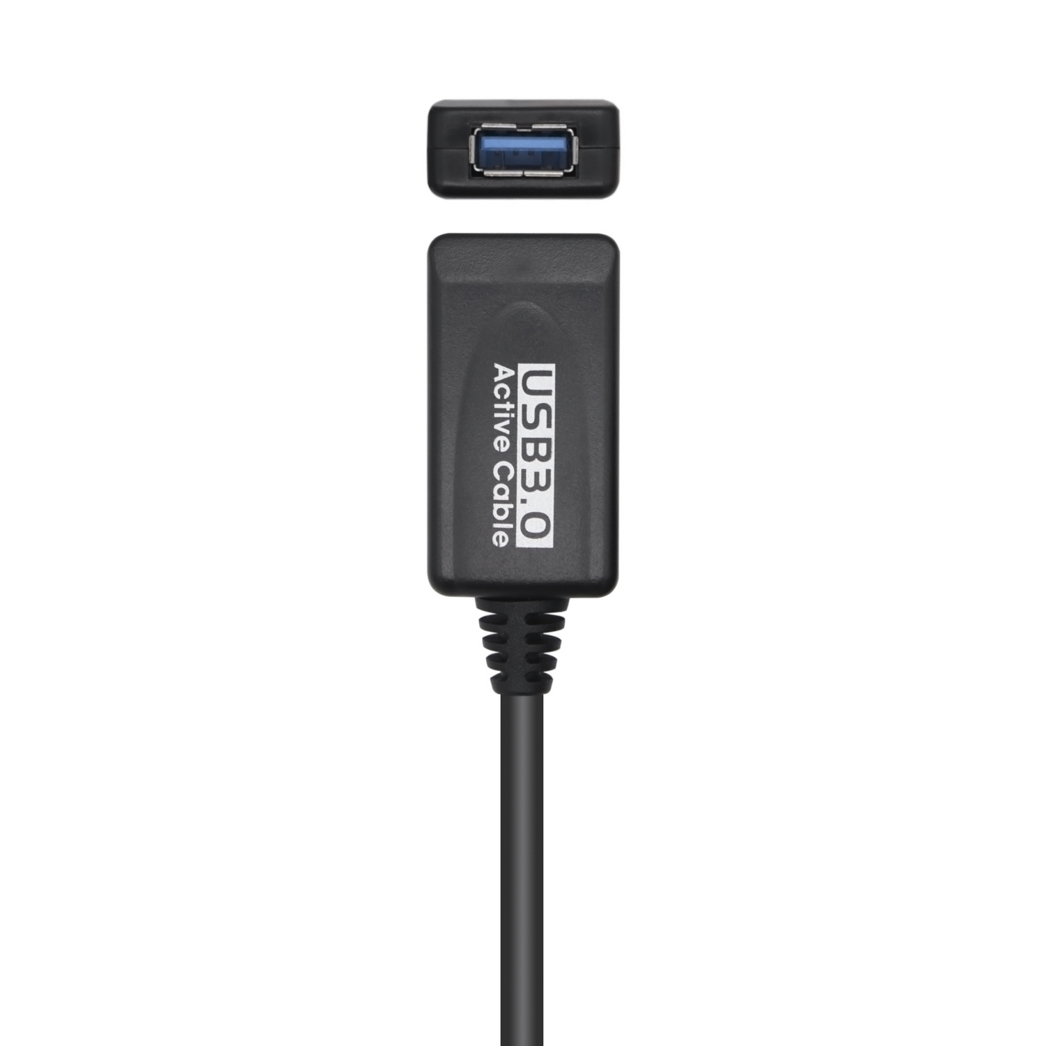 Un cable activo USB 3.0 negro con un conector en la parte superior, una caja negra rectangular con texto y un cable que se extiende hacia abajo.