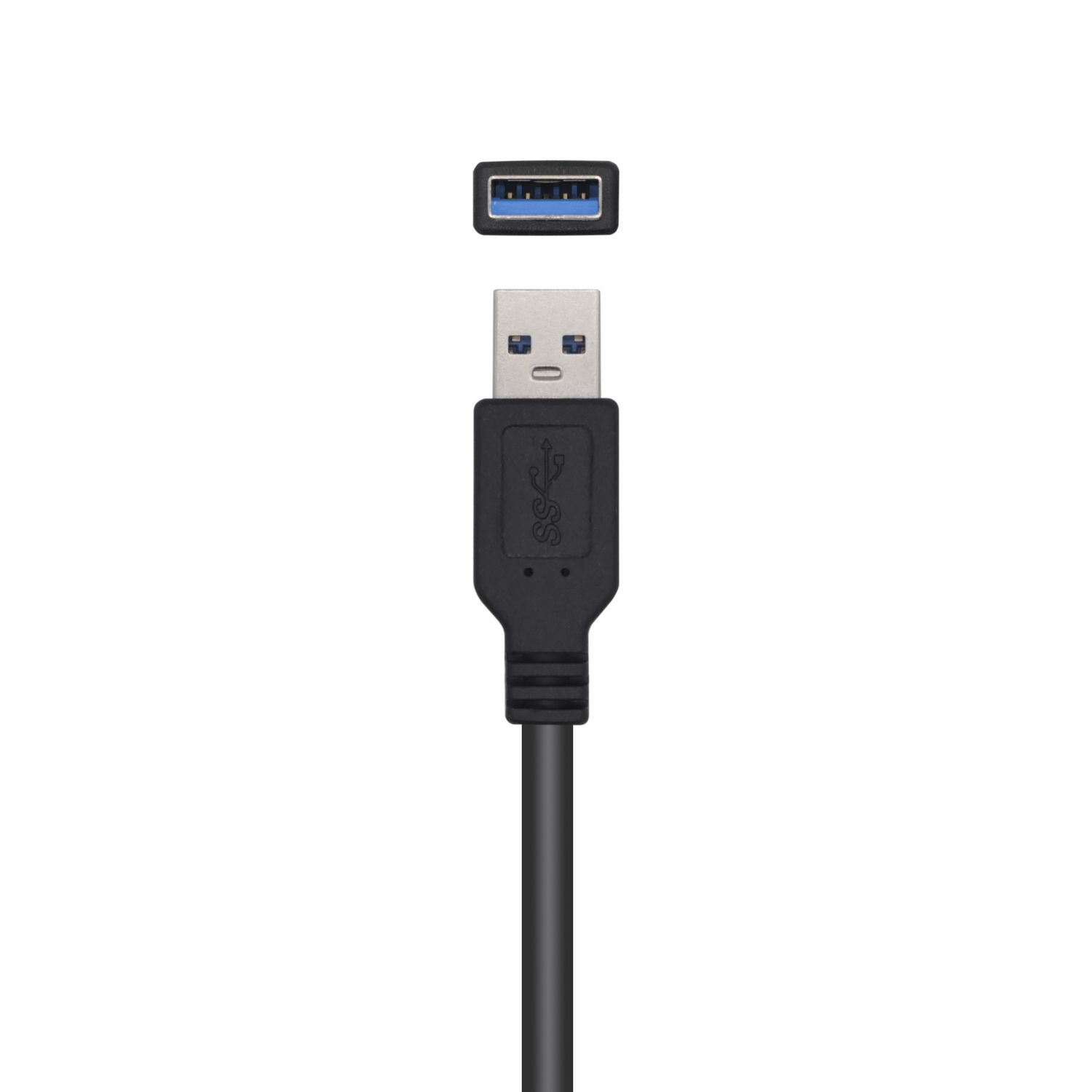 Un cable USB negro con dos conectores. Uno es USB-A y el otro es un puerto USB 3.0.