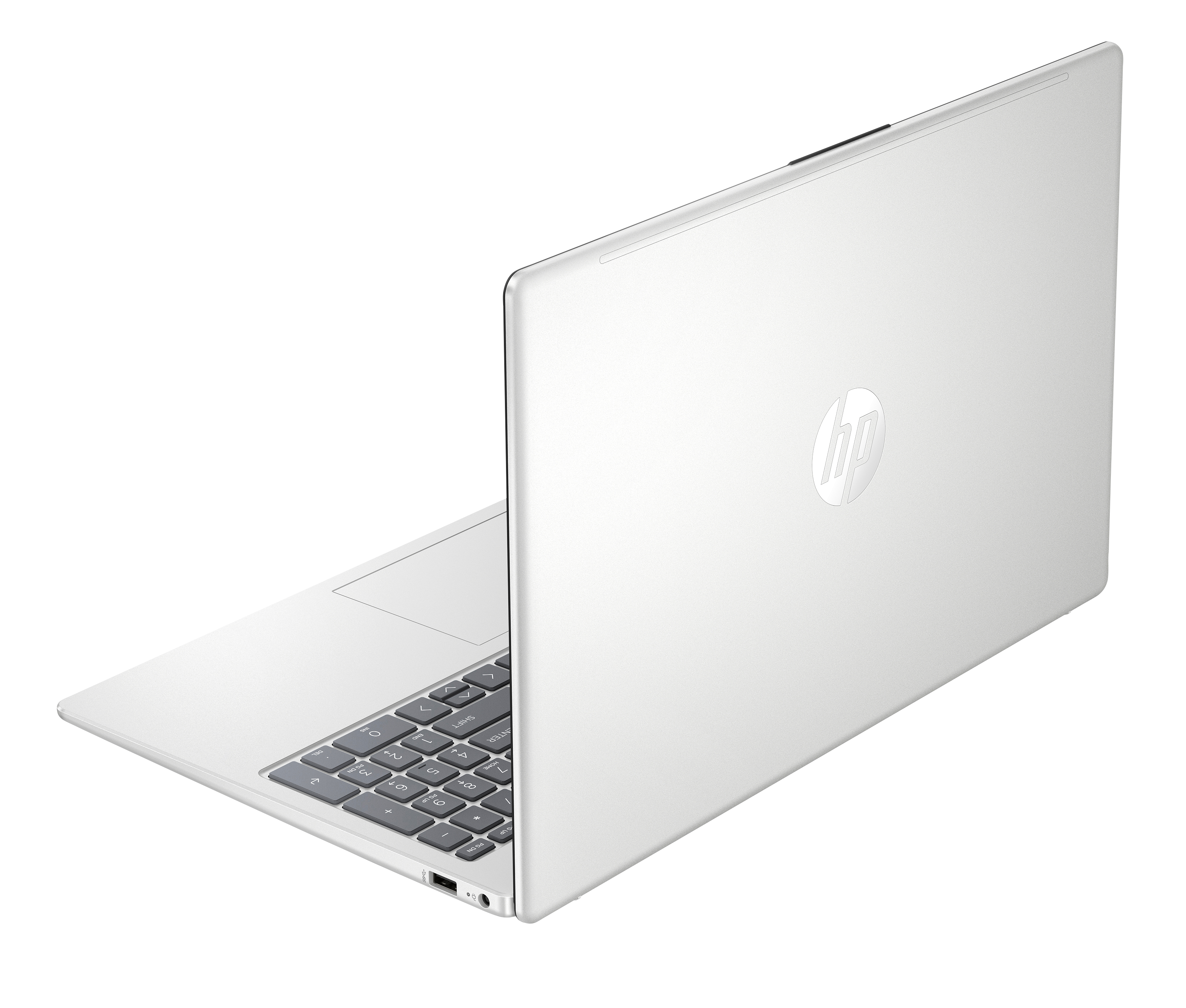 Srebrny laptop HP jest otwarty, pokazując klawiaturę. Logo HP znajduje się z tyłu.