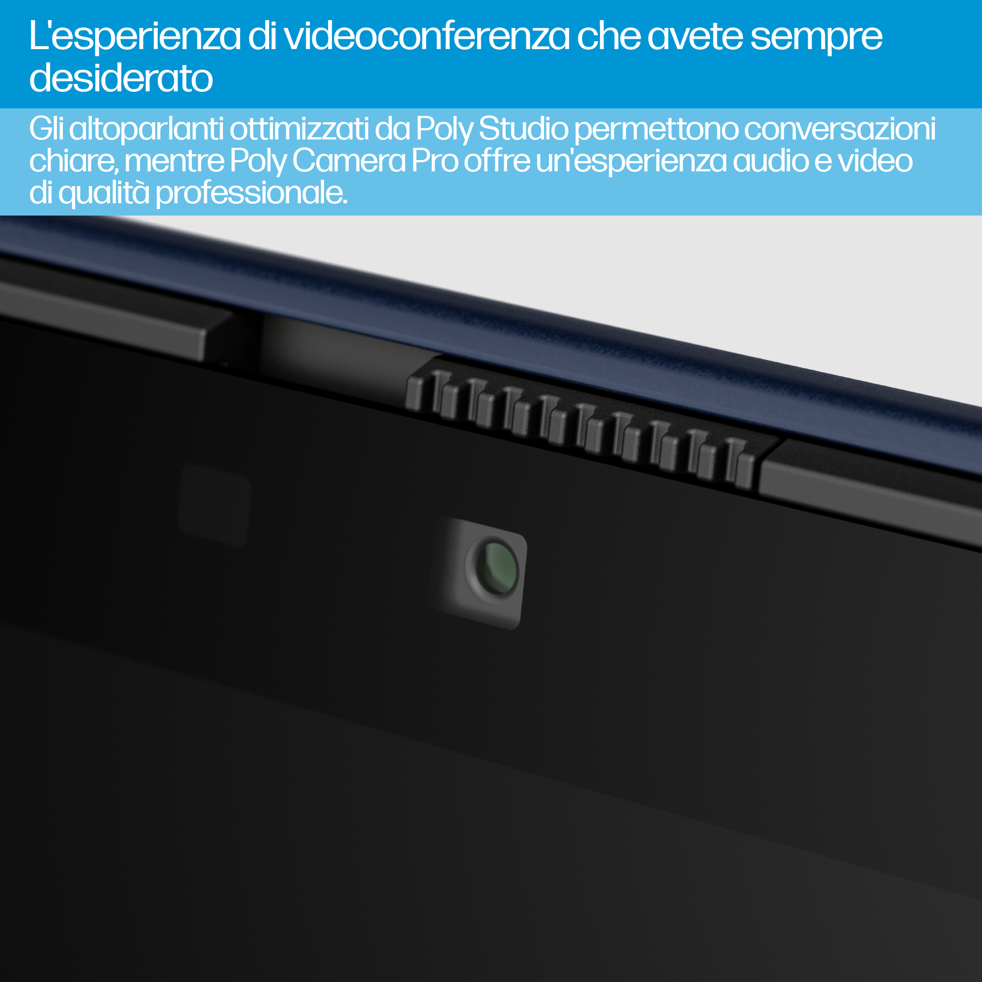 Primer plano de una pantalla oscura con cámara. Arriba, un borde azul con una fila de rejillas. Texto sobre videoconferencias.