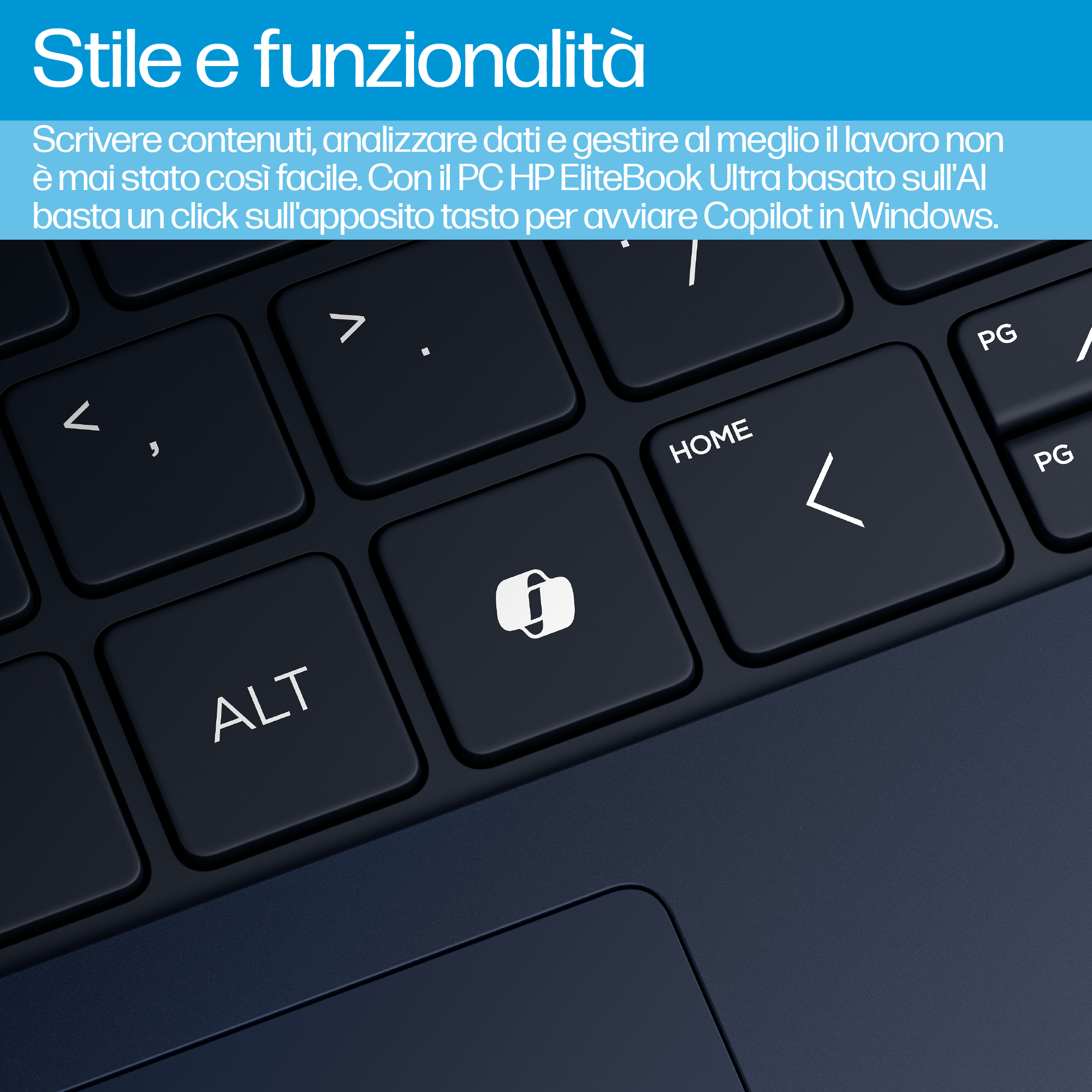 Primer plano de un teclado de portátil. Las teclas son azul oscuro con letras blancas. Enfoque en 'ALT' y una tecla con un símbolo.
