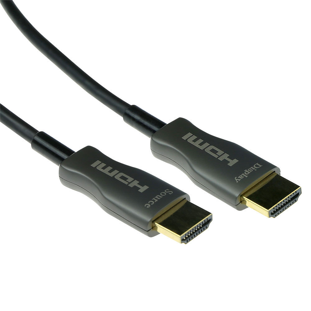 Two black HDMI cables with gray connectors. One marked 'Source', other 'Display'. Gold connectors are visible.