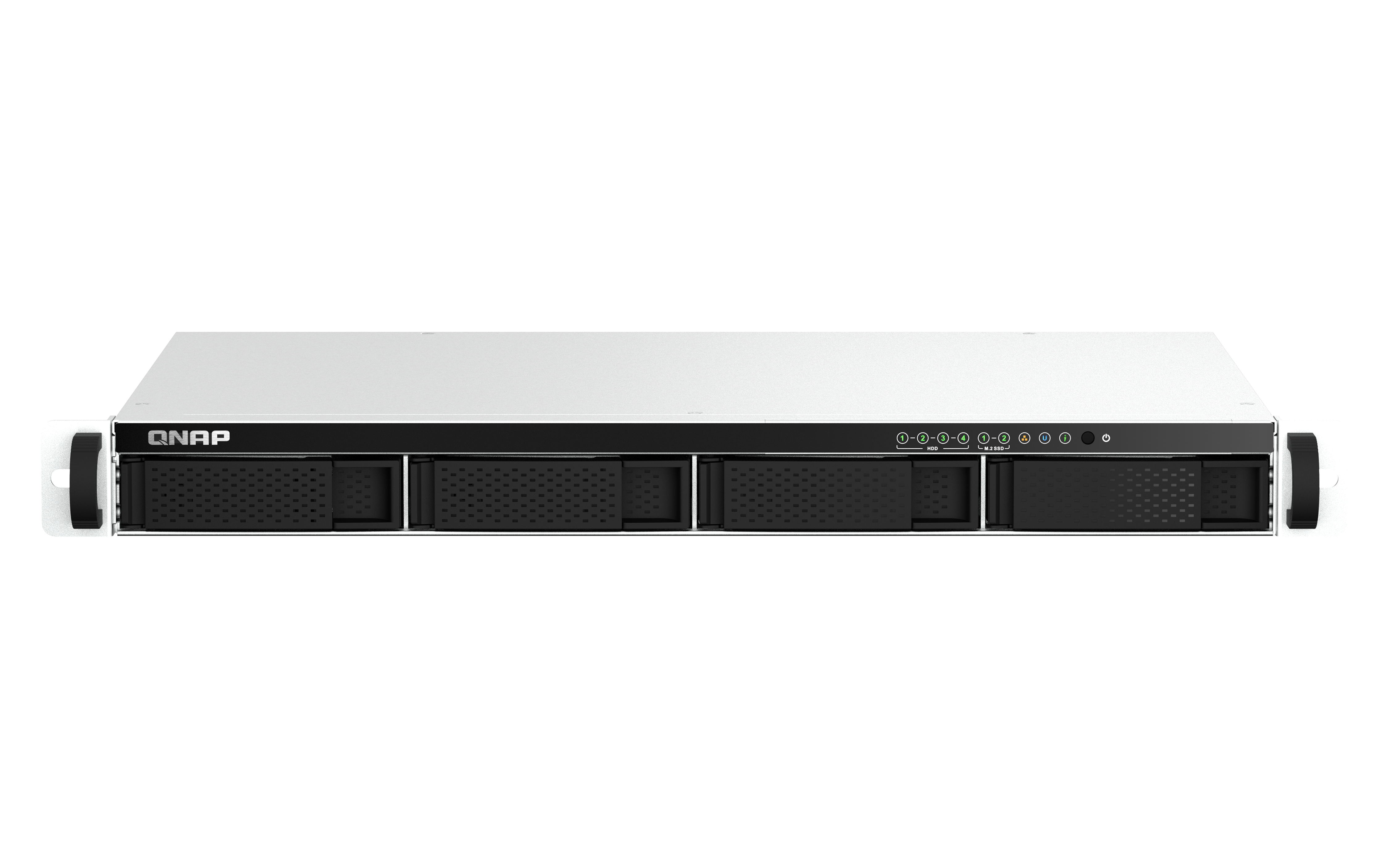 Un server QNAP bianco e nero. Ha 4 vani e spie luminose. Su sfondo bianco.
