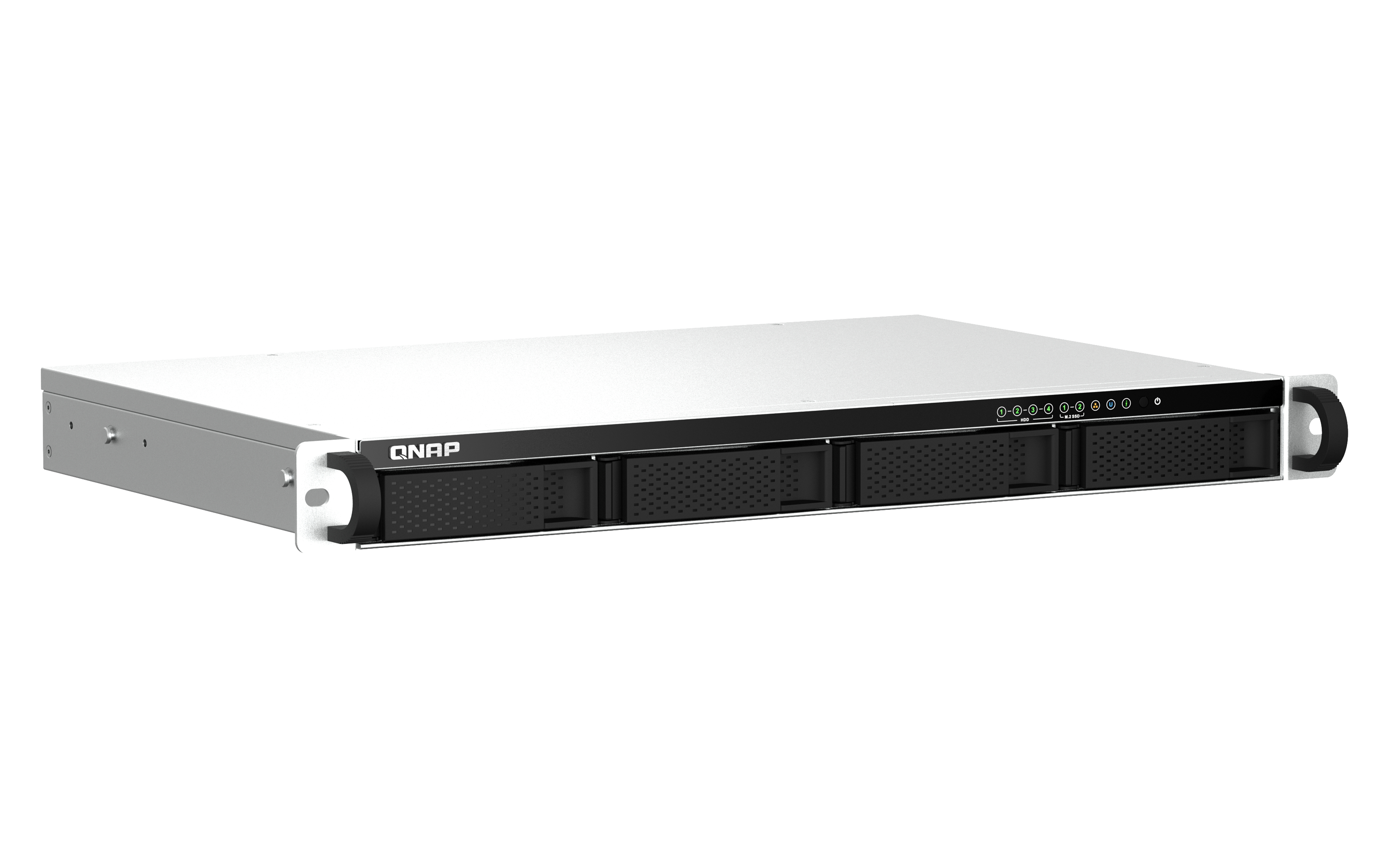 Un server QNAP, argento e nero. Dispone di alloggiamenti per unità, pulsante di accensione e spie di stato.