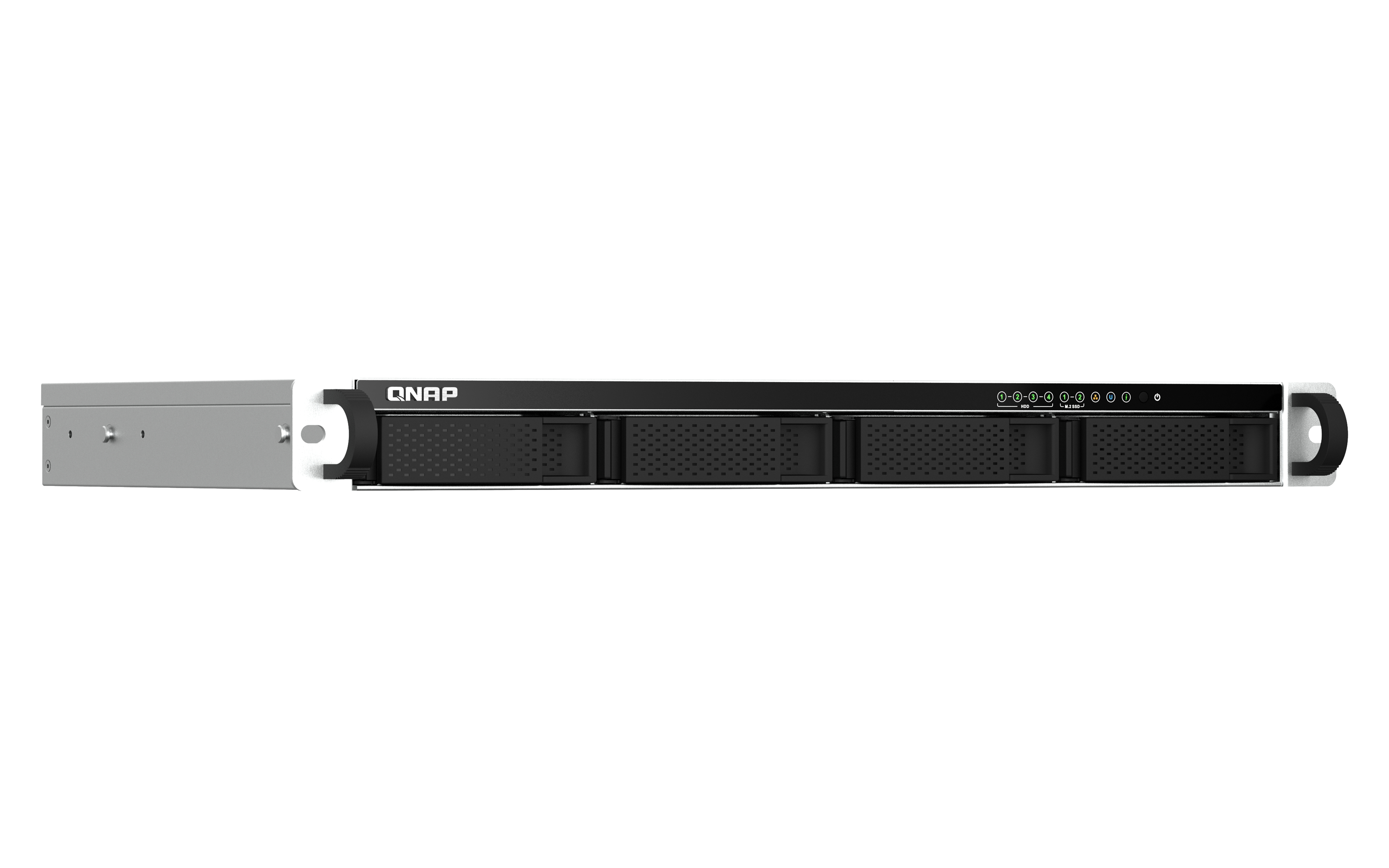 Un server QNAP su sfondo bianco. Ha una parte anteriore nera con alloggiamenti per unità e un pannello laterale grigio.