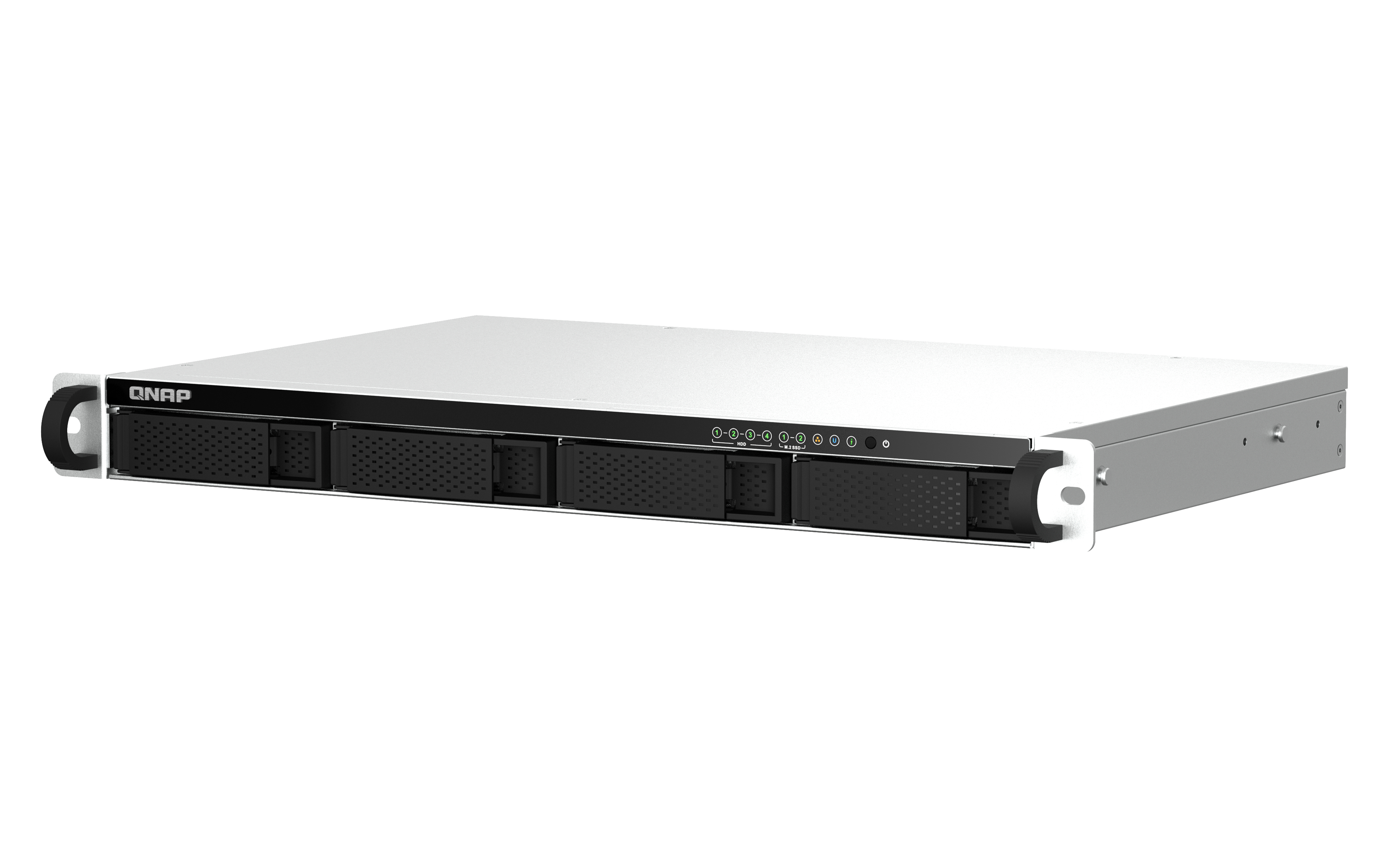 Un dispositivo server QNAP. Ha un top bianco e un frontale nero con vani unità e indicatori.