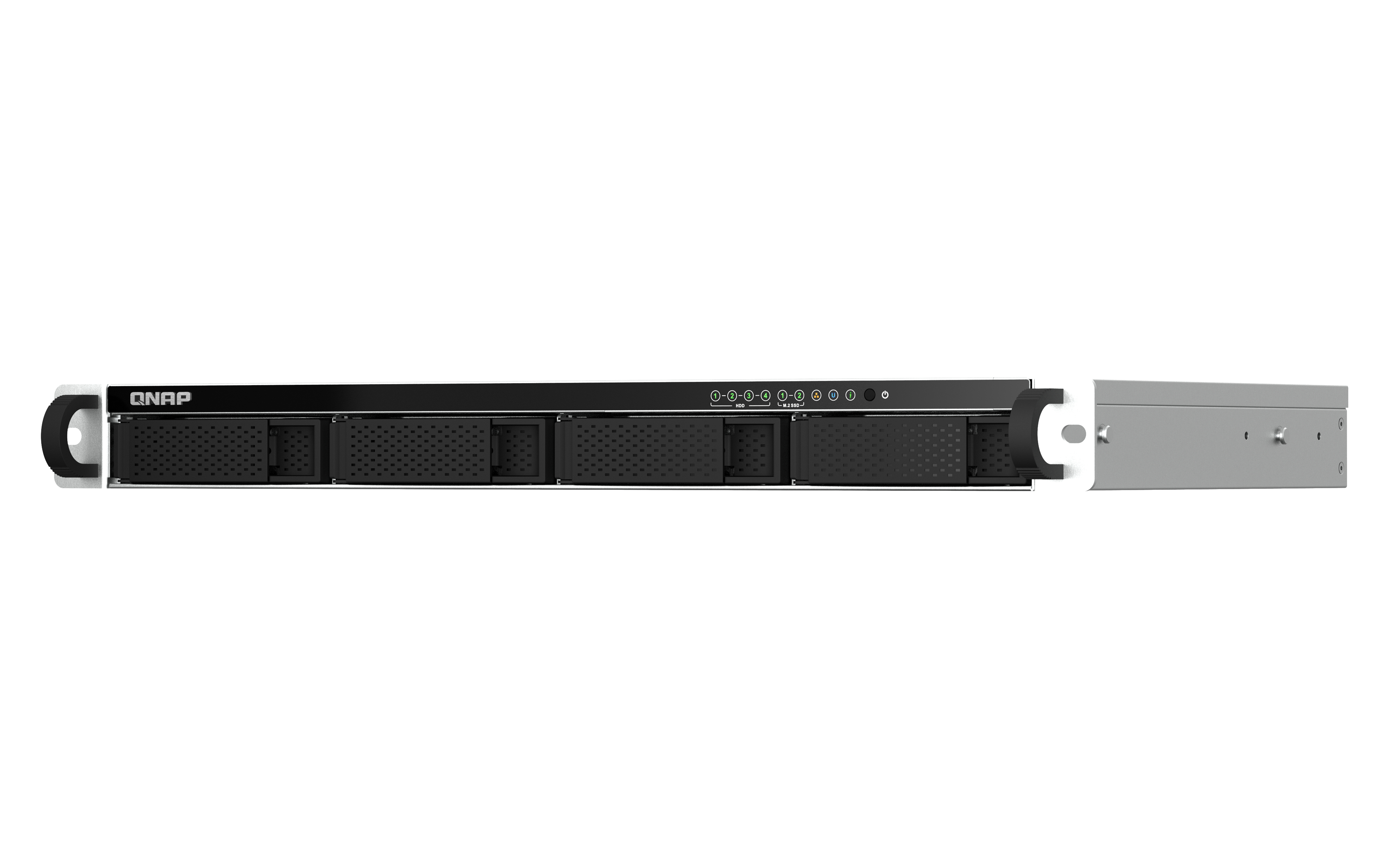 Un server QNAP nero con vani unità e indicatori di stato. Un pannello laterale argentato è staccato a destra.