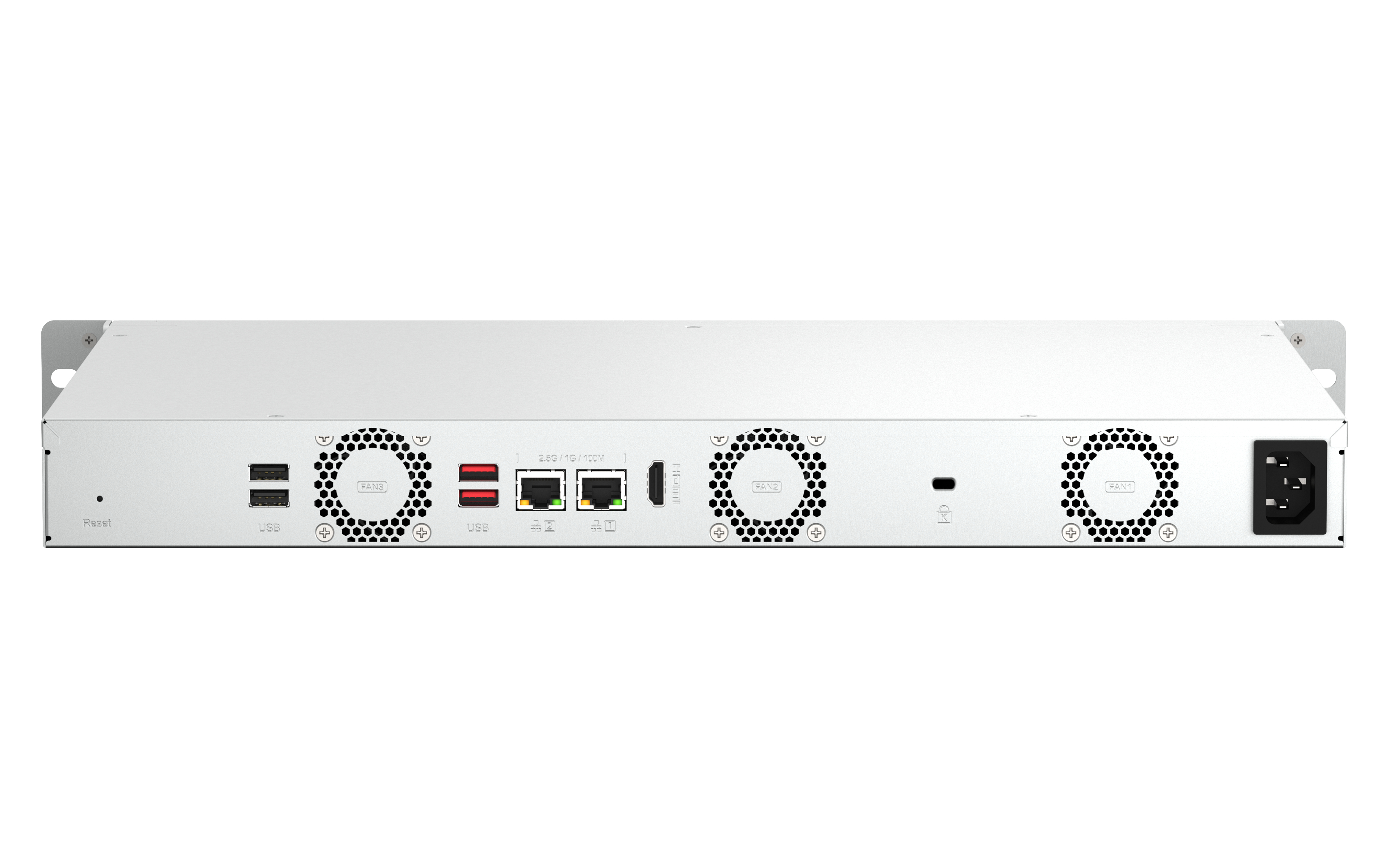 Un server bianco con più porte, ventole e un ingresso di alimentazione. Ha porte USB, Ethernet e HDMI.