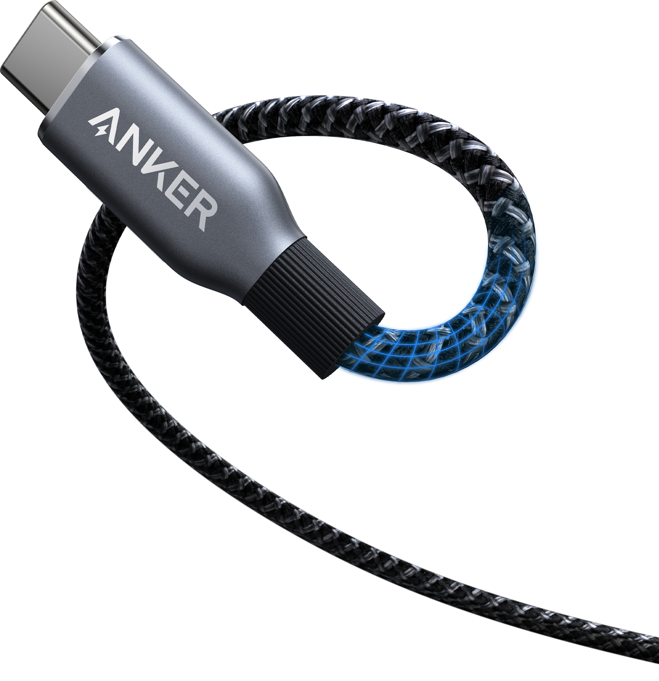 Un cavo USB-C Anker. Connettore grigio con logo Anker, cavo intrecciato nero, sfondo bianco.