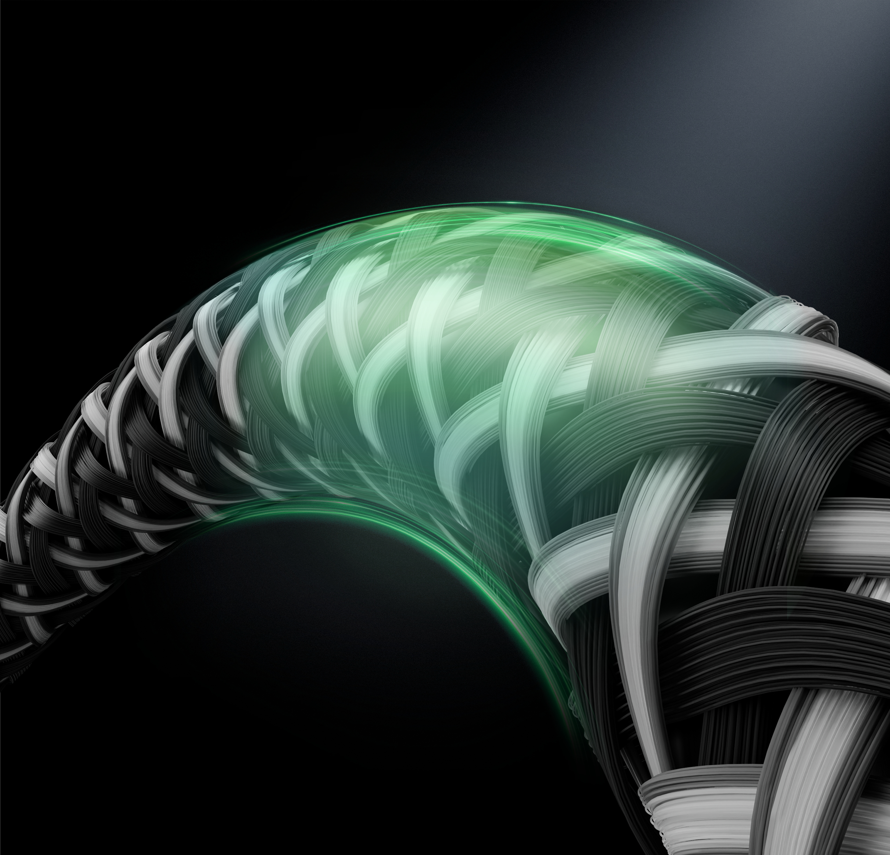 Immagine astratta di fili intrecciati neri, bianchi e grigi. Un bagliore verde evidenzia la struttura intrecciata su sfondo nero.