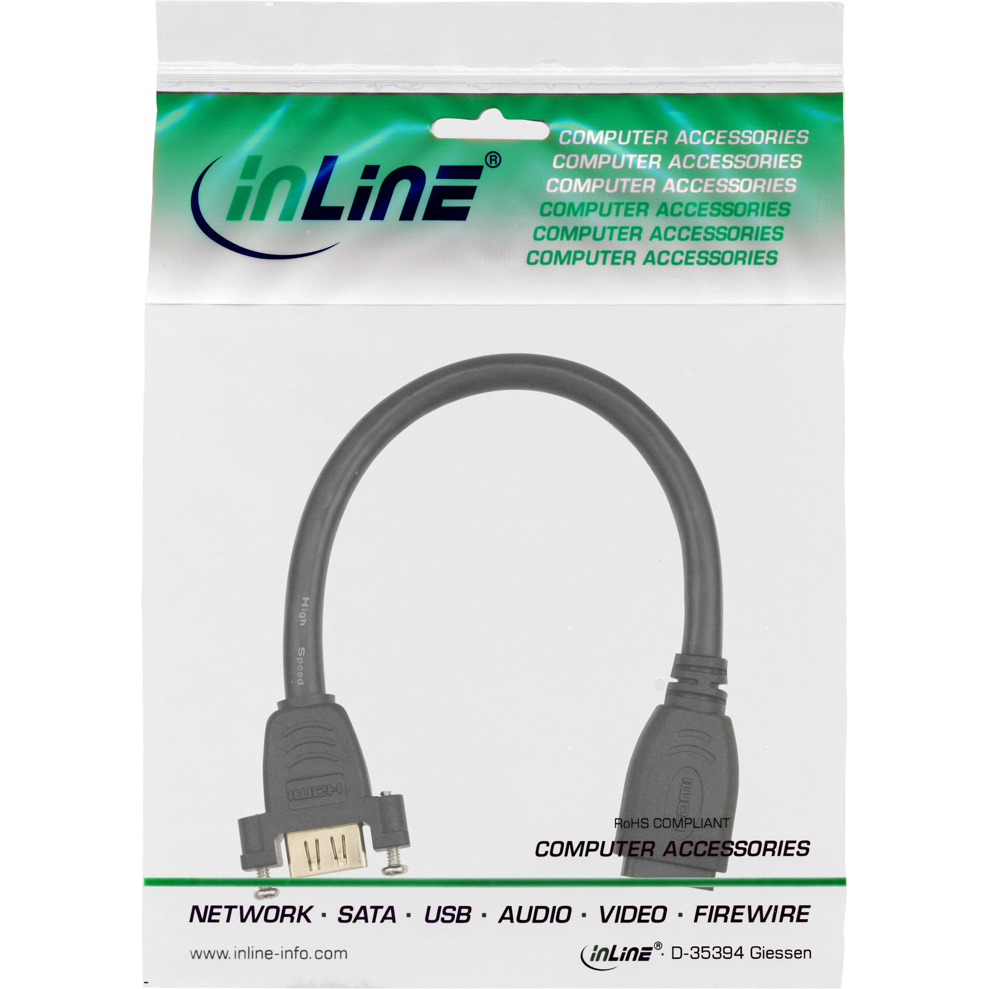 Ein Computerkabel in einer Plastikverpackung. Das Kabel ist schwarz und hat Anschlüsse an beiden Enden. Die Verpackung trägt den Text: Computerzubehör.