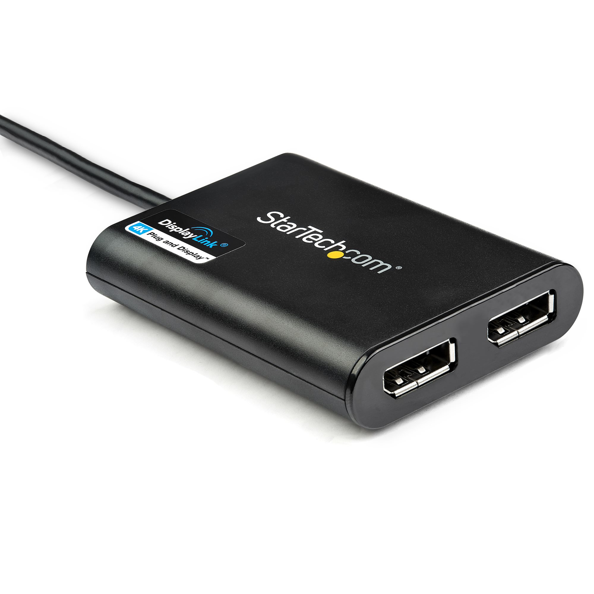 Adaptador negro StarTech.com con logotipo DisplayLink, dos puertos y cable, sobre fondo blanco.
