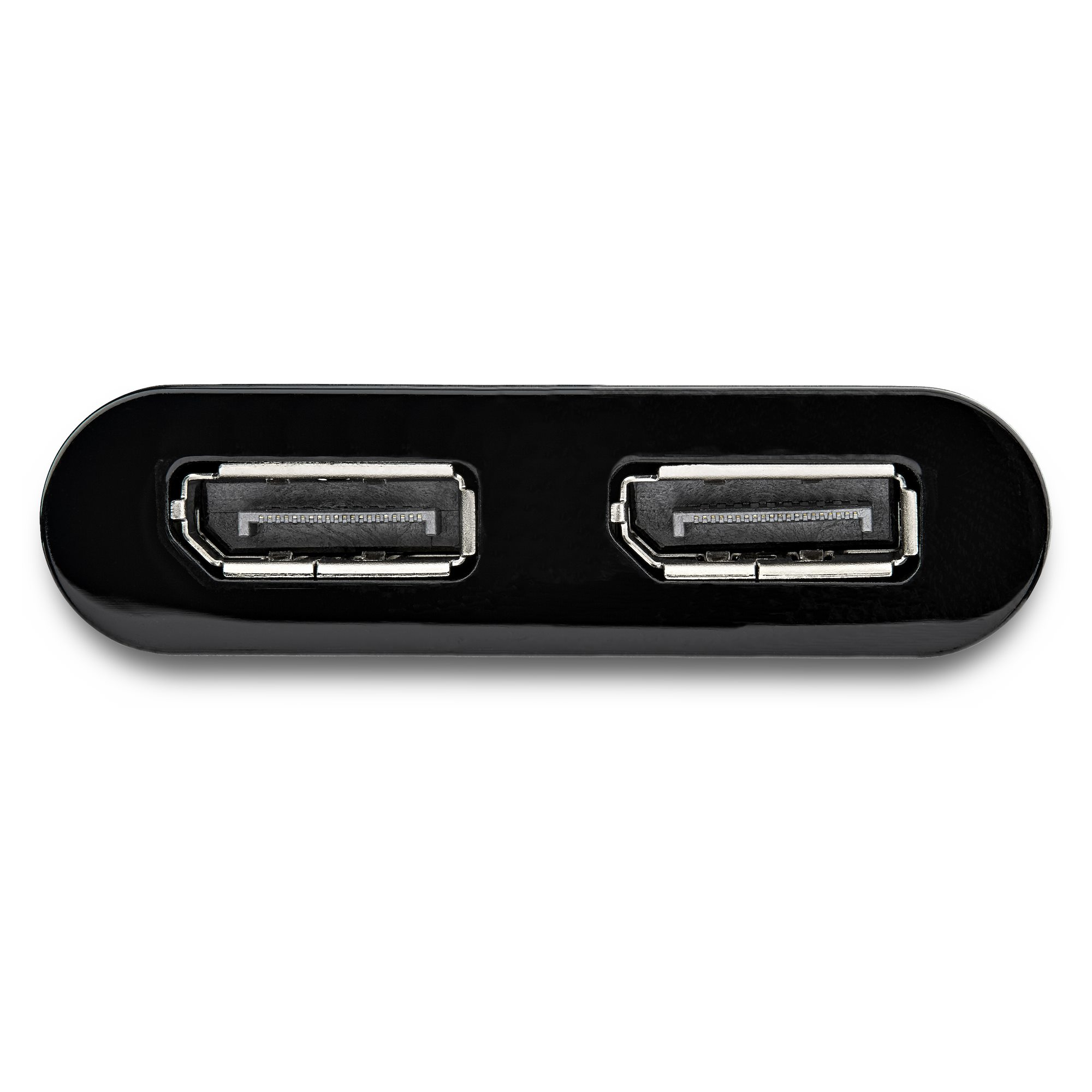 Un dispositivo negro con dos puertos de pantalla plateados sobre fondo blanco.