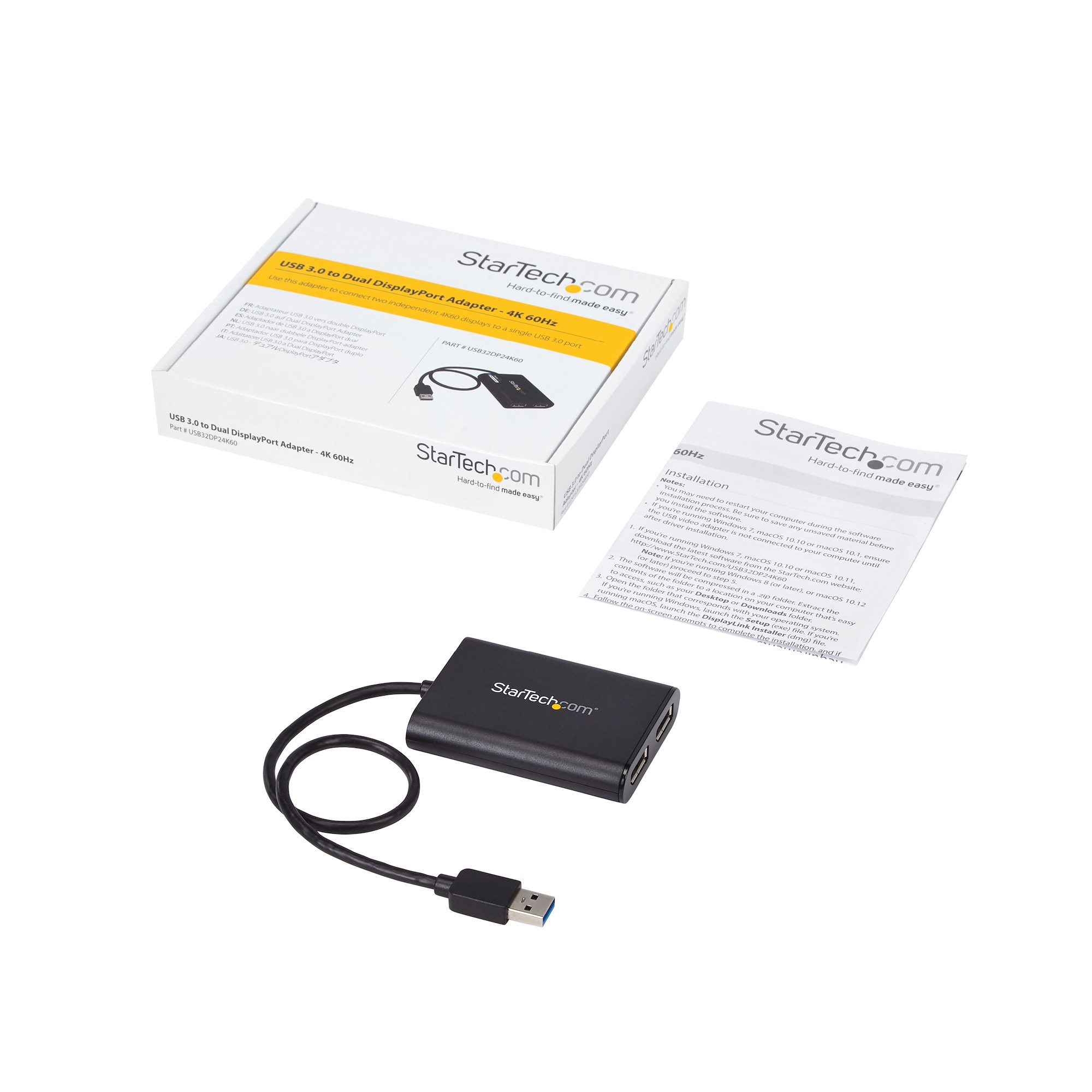 Una caja del adaptador StarTech USB 3.0 a Dual DisplayPort y el adaptador en sí, con cables e instrucciones.