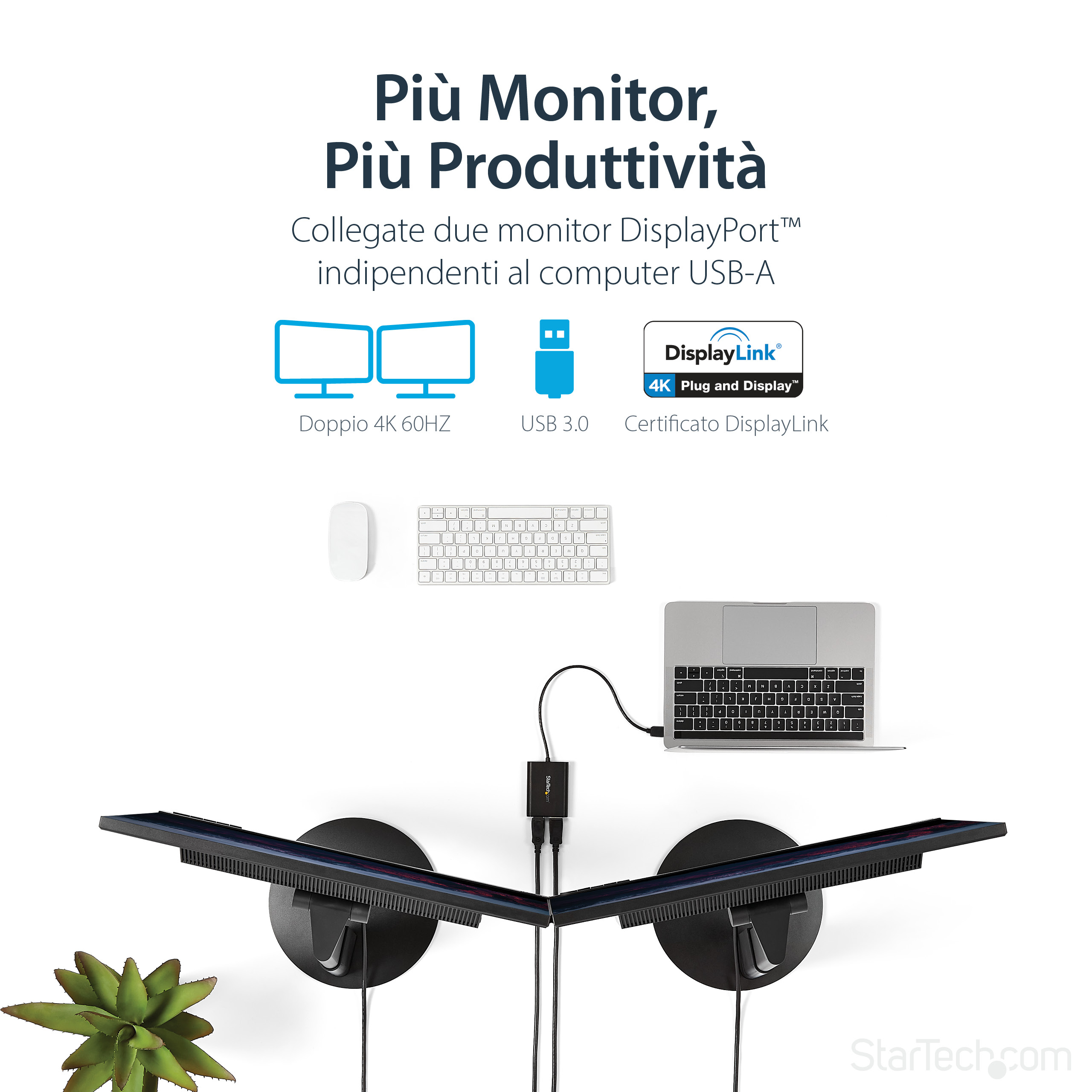 La imagen muestra dos monitores, una laptop y un teclado conectados. El título dice 'Más monitor, Más productividad'.