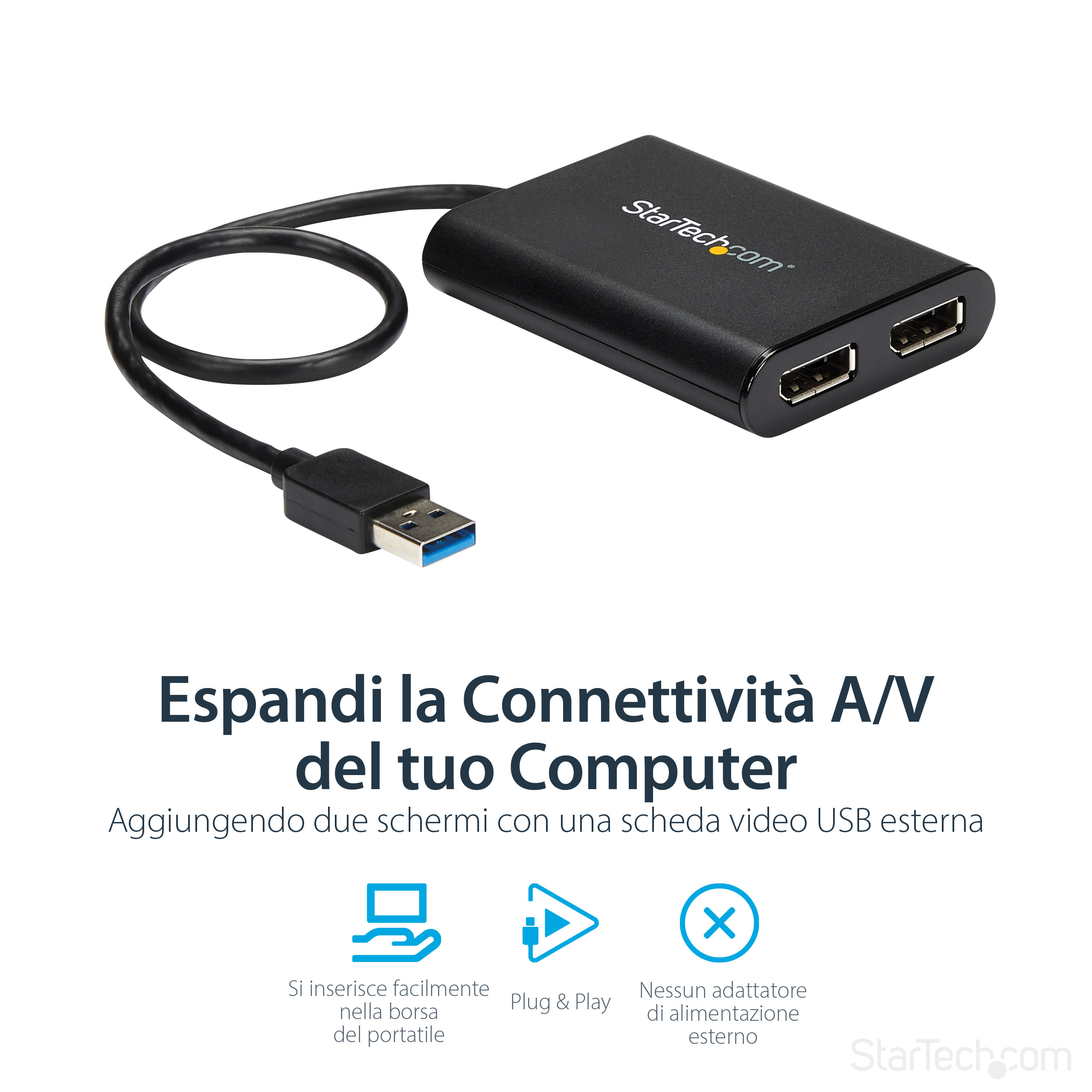 Un adaptador negro StarTech con puertos USB y de pantalla, conectado por cable. Texto: 'Amplíe la conectividad A/V de su ordenador'.