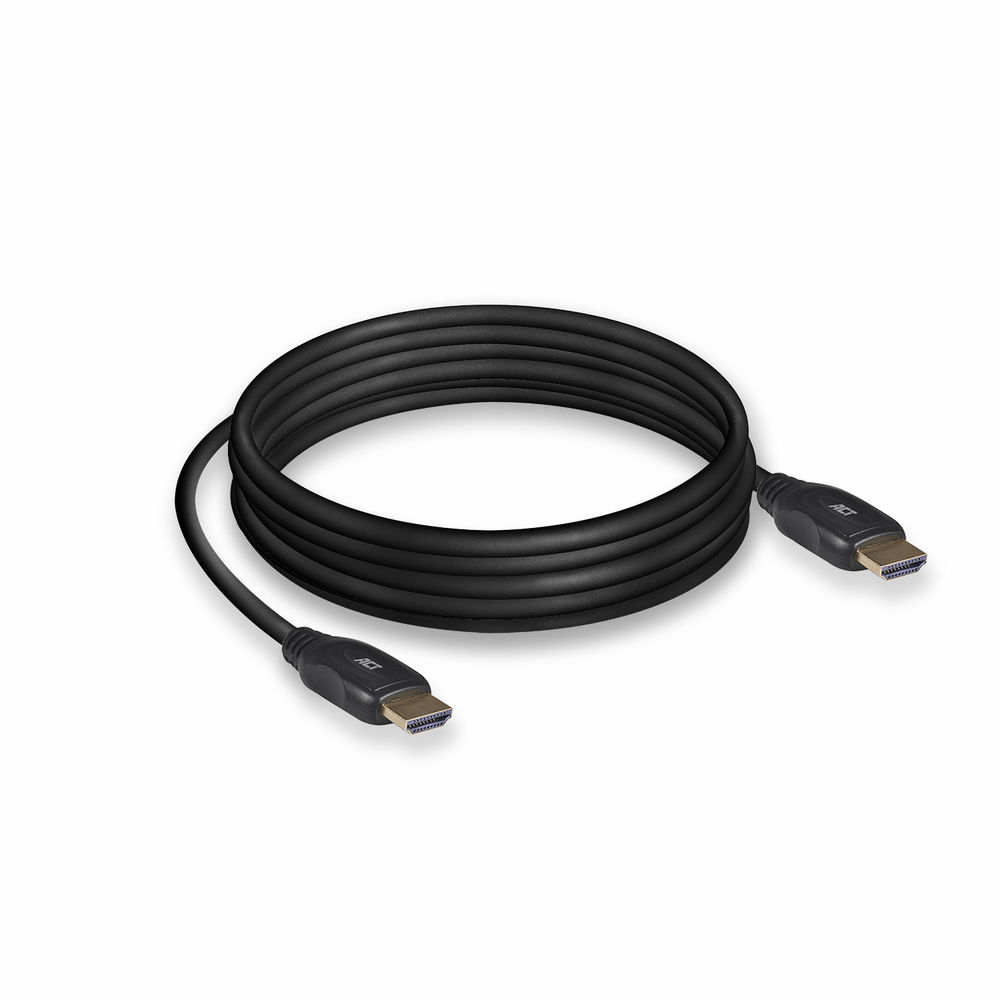 Een zwarte HDMI-kabel opgerold op een wit oppervlak. Twee connectoren zijn aan elk uiteinde zichtbaar.