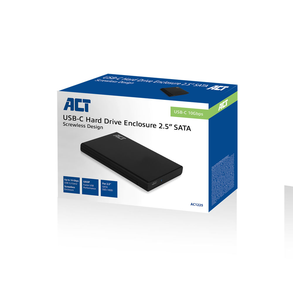 Schachtel für ein USB-C 2,5" SATA-Festplattengehäuse. Die Schachtel ist weiß und blau mit schwarzem Produkt. Das Logo ist ACT.